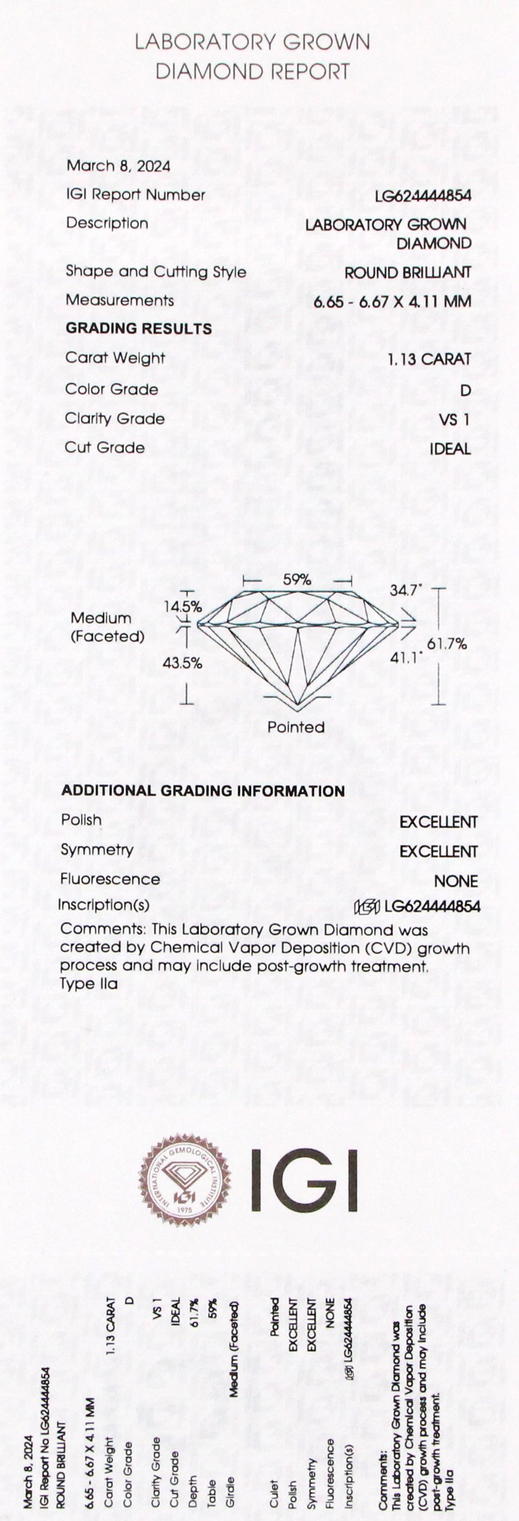 Elegant 14kt white gold engagement ring with certified 1.13 carat lab grown diamond