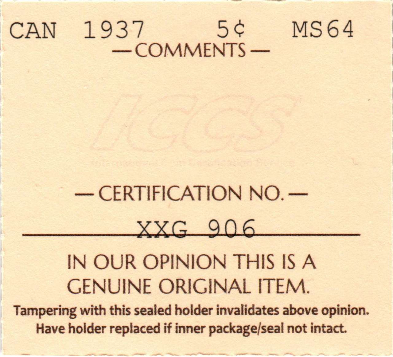 fullMatchVisible1937MS64ICCS