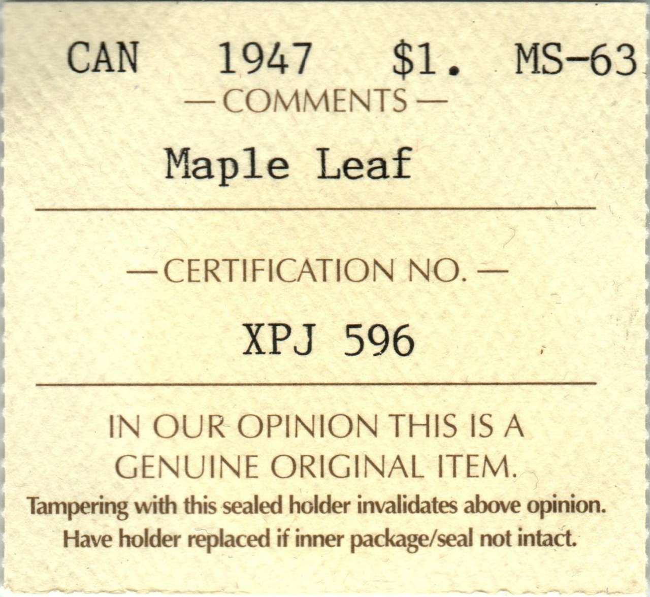 fullMatchVisible1947 Maple LeafMS63ICCS