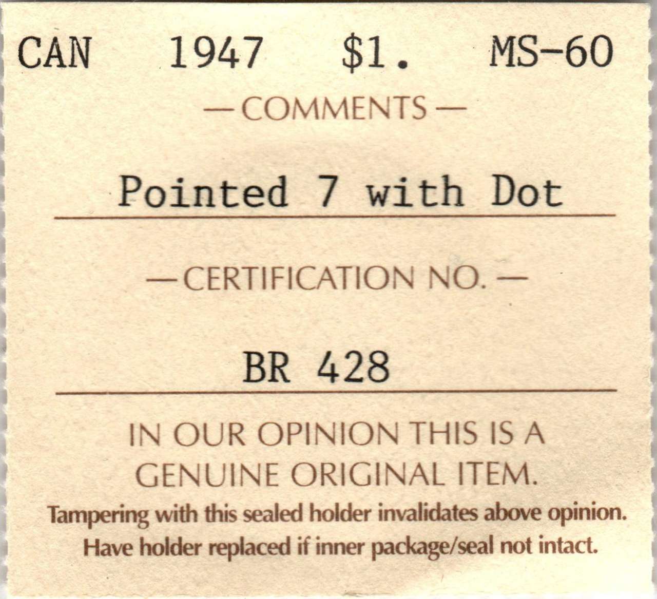 fullMatchVisible1947 Pointed 7 DotMS60ICCS