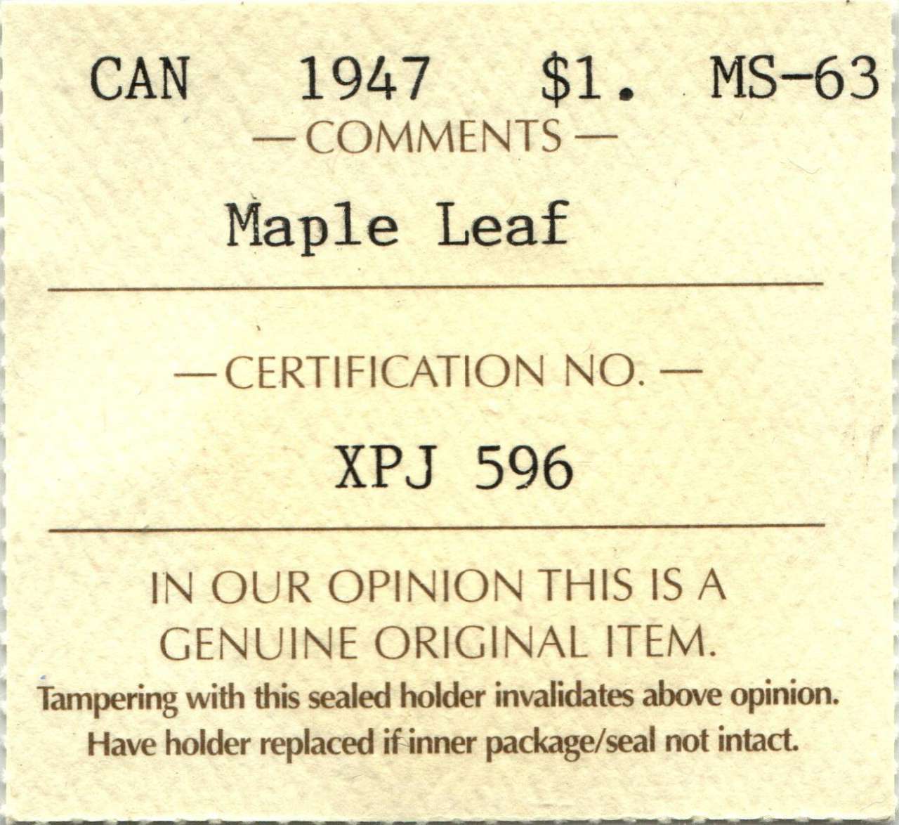 fullMatchVisible1947 Maple LeafMS63ICCS