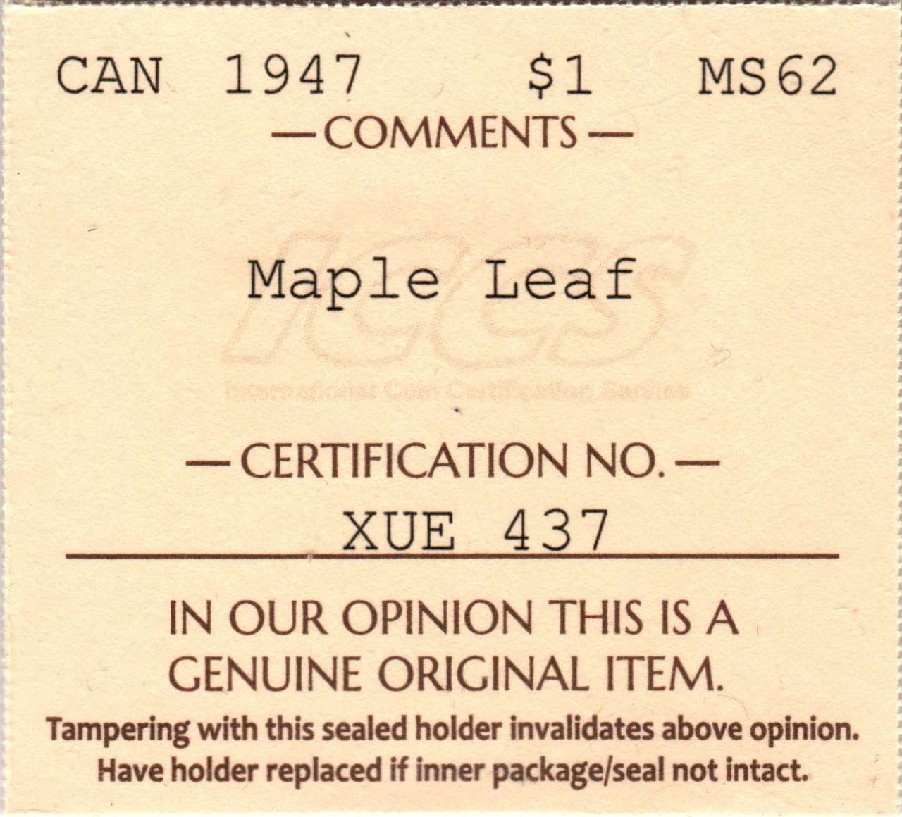 fullMatchVisible1947 Maple LeafMS62ICCS