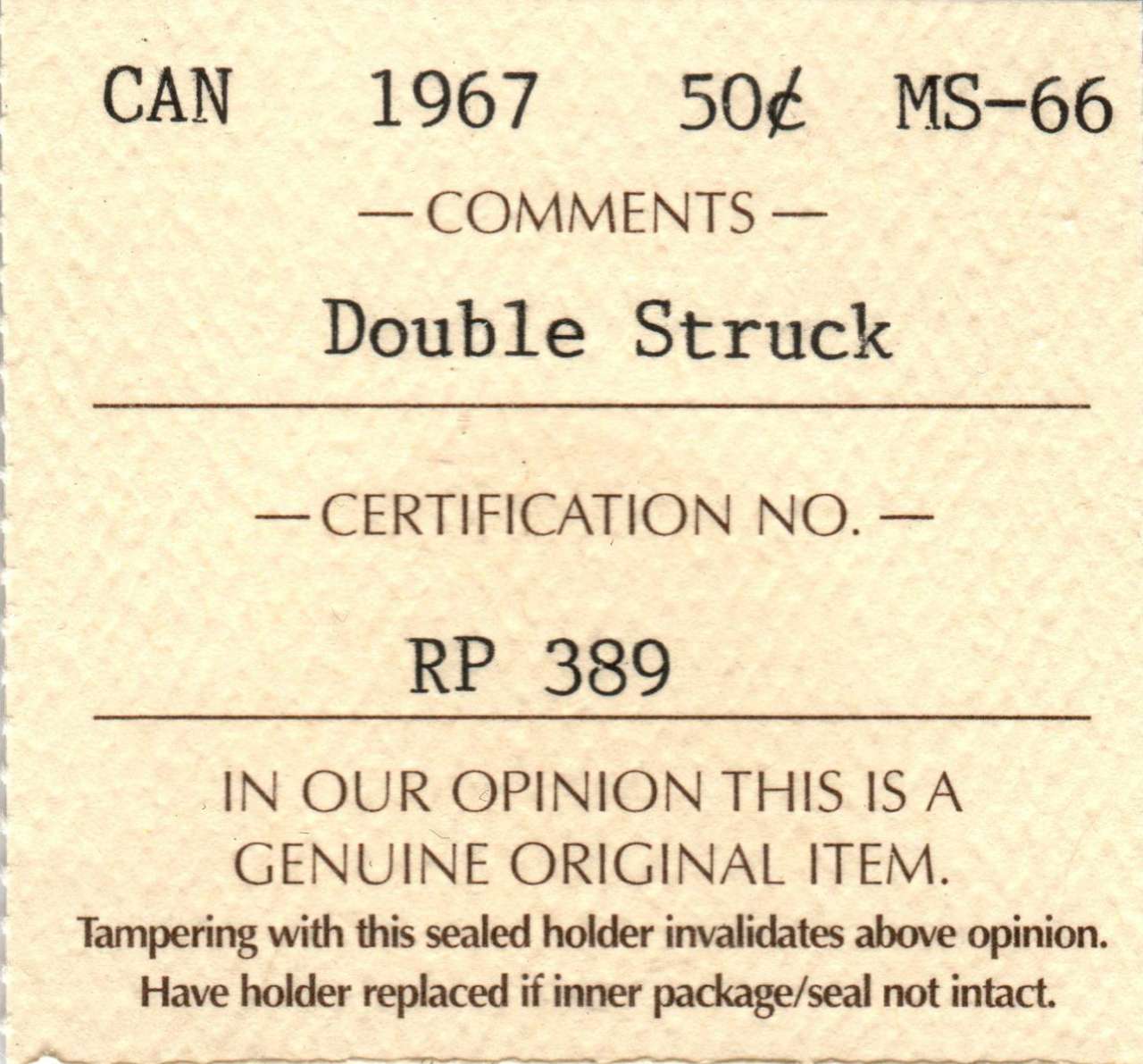 fullMatchVisible1967 Double Struck; (Pq Toning On Obverse)MS66ICCS