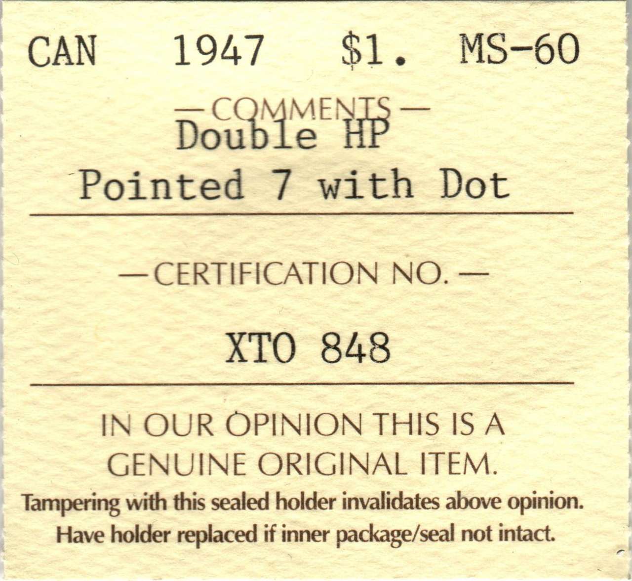 fullMatchVisible1947 Pointed 7; Double Hp; DotMS60ICCS