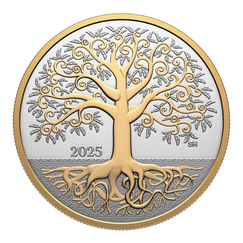 2025 $10 Tree of Life coin featuring gold-plated tree design on 99.99% pure silver proof background.