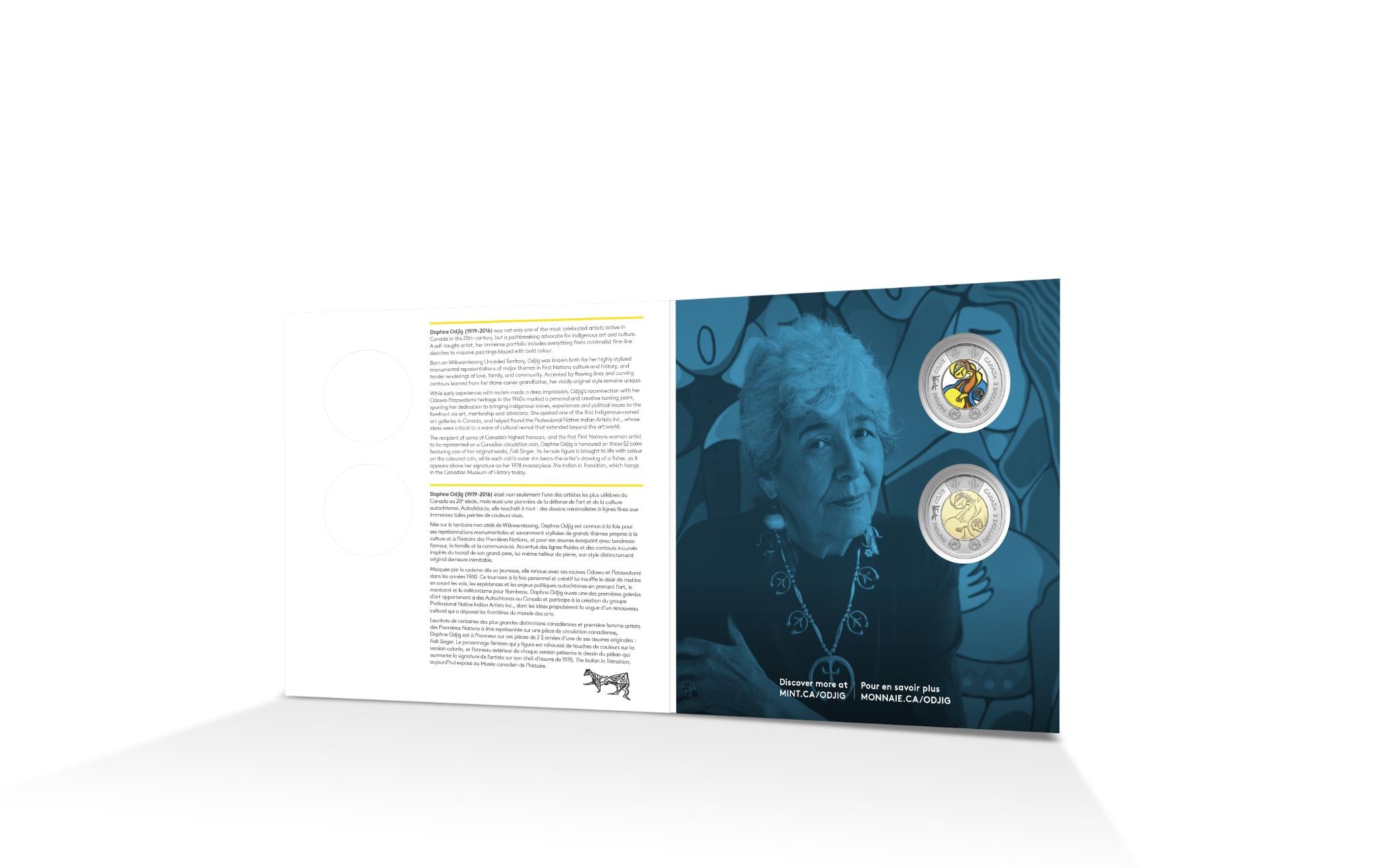 Collector card celebrating the life and art of Daphne Odjig with two 2025 $2 commemorative coins.