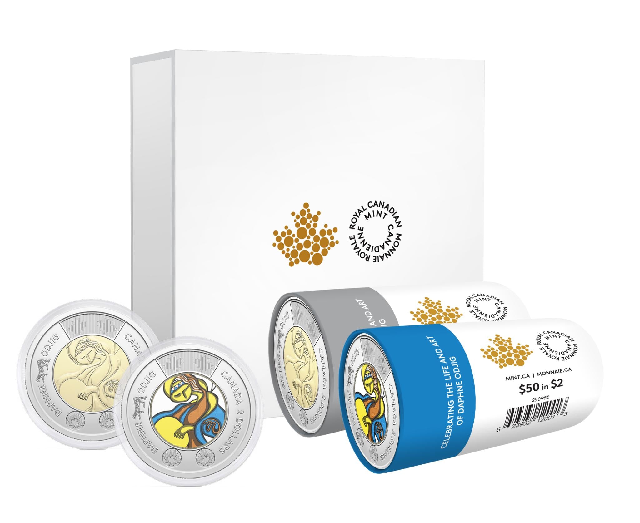 2025 Daphne Odjig $2 Special Wrap Roll Set with colourized and non-colourized coins in collector box.