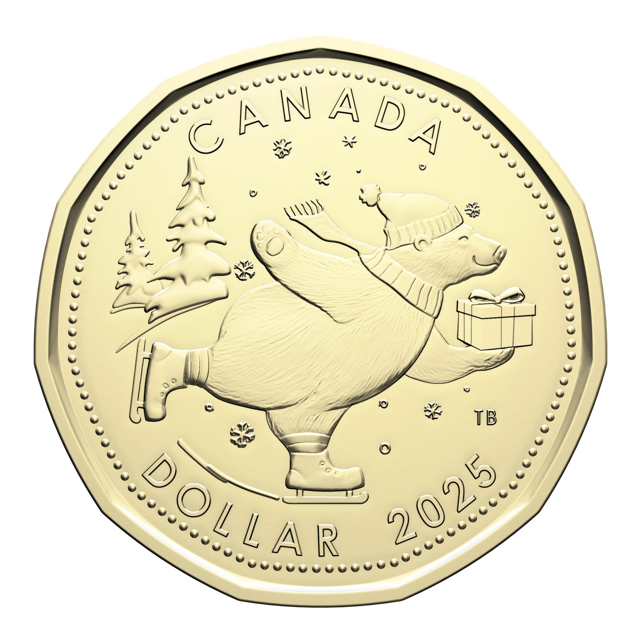 Close-up of 2025 uncirculated coin set with exclusive holiday dollar