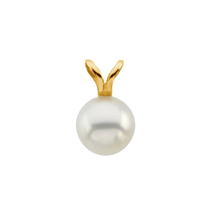 14kt yellow gold pendant with a single white cultured pearl approximately 8.0-8.5mm, elegant jewelry piece weighing 0.78 grams, front angle