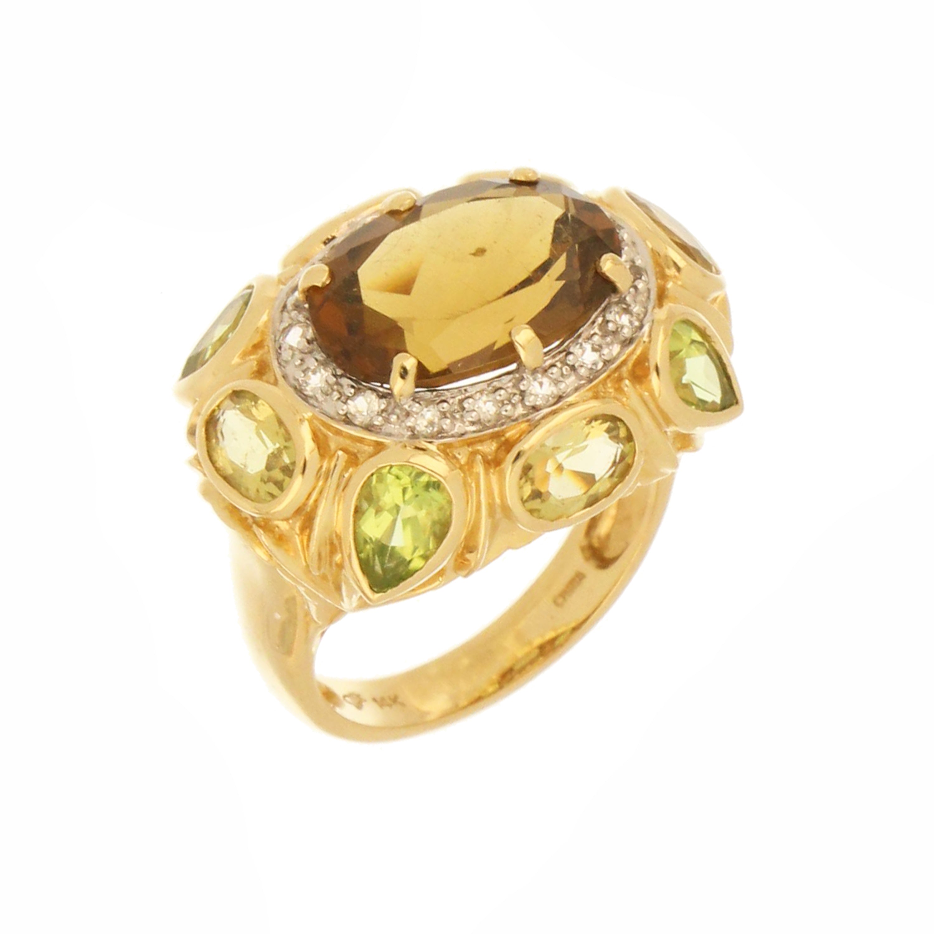 top view of smoky quartz cocktail ring with gemstone accents