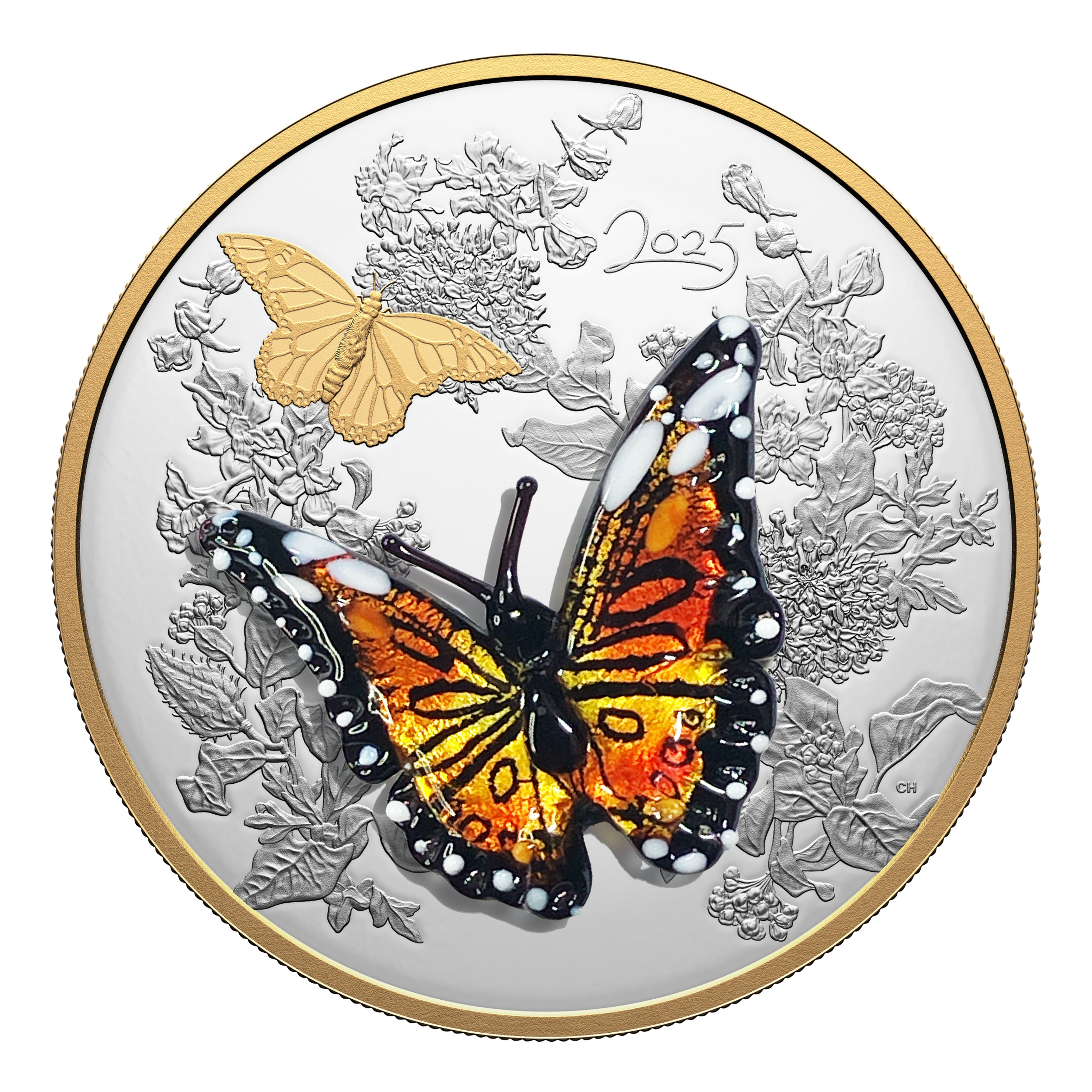2025 $125 fine silver proof coin reverse showing colorful Murano monarch butterfly handcrafted glass motif against white background