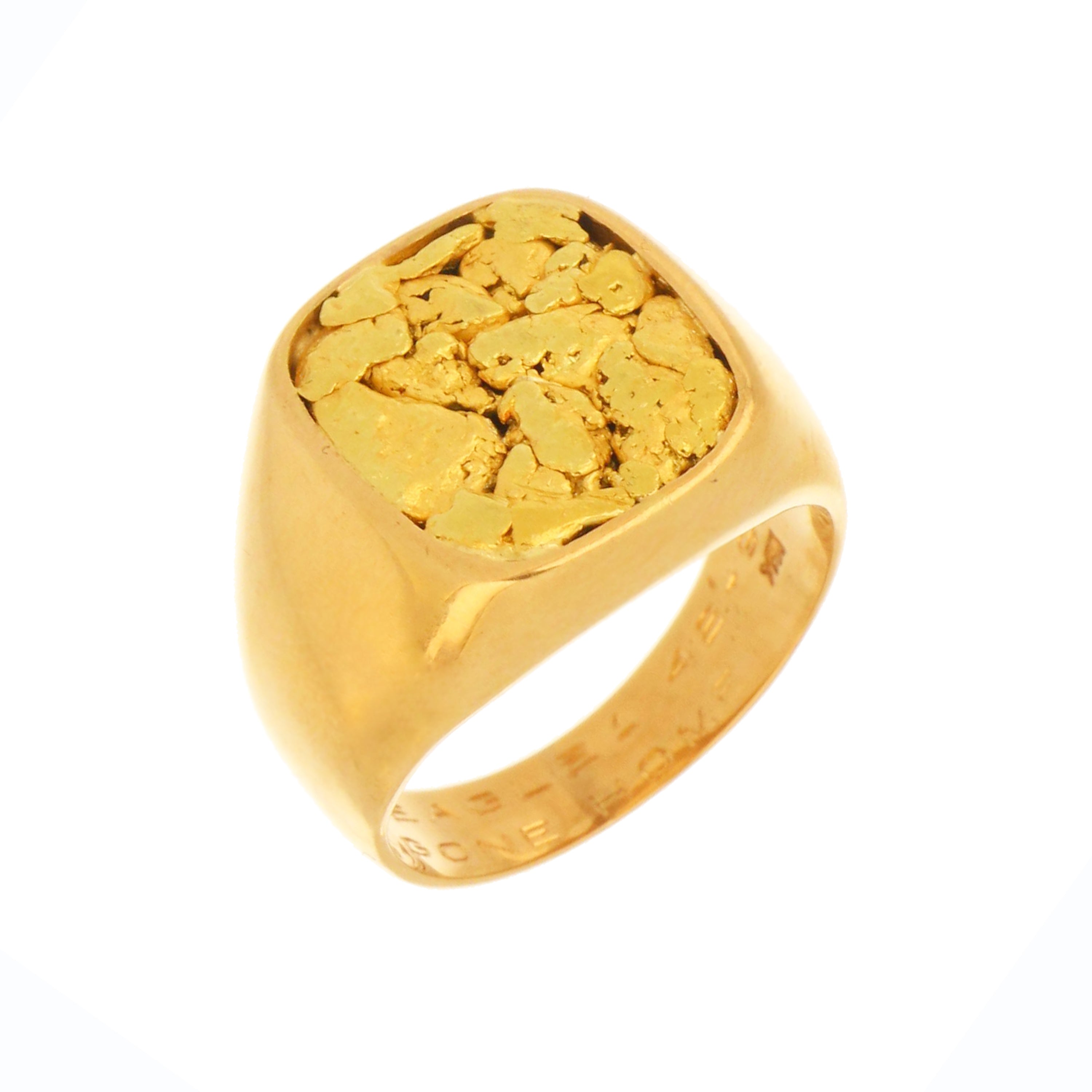 front view of solid gold nugget ring with rough gold surface