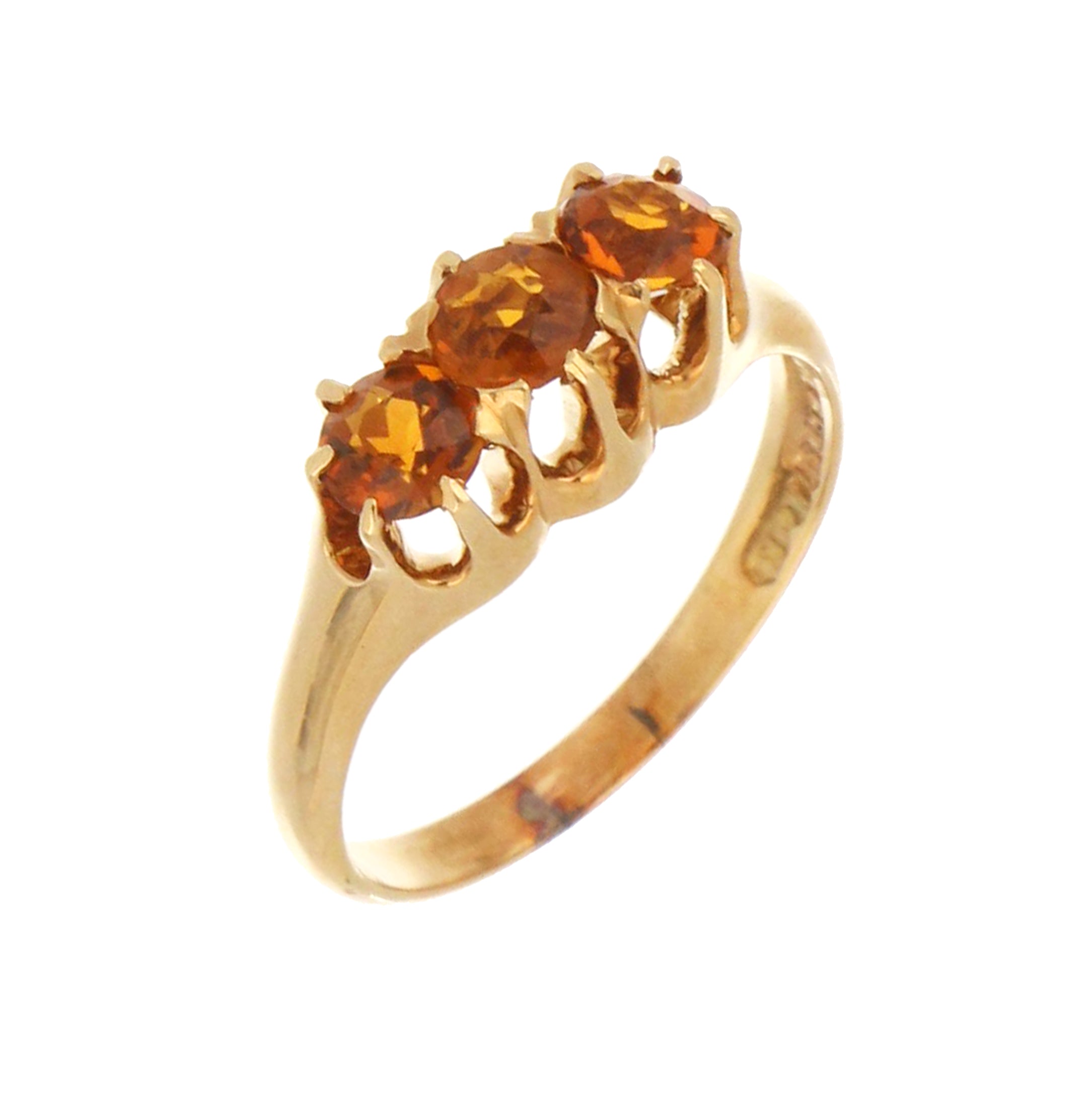 Vintage-style 14K gold citrine dinner ring with three orange stones