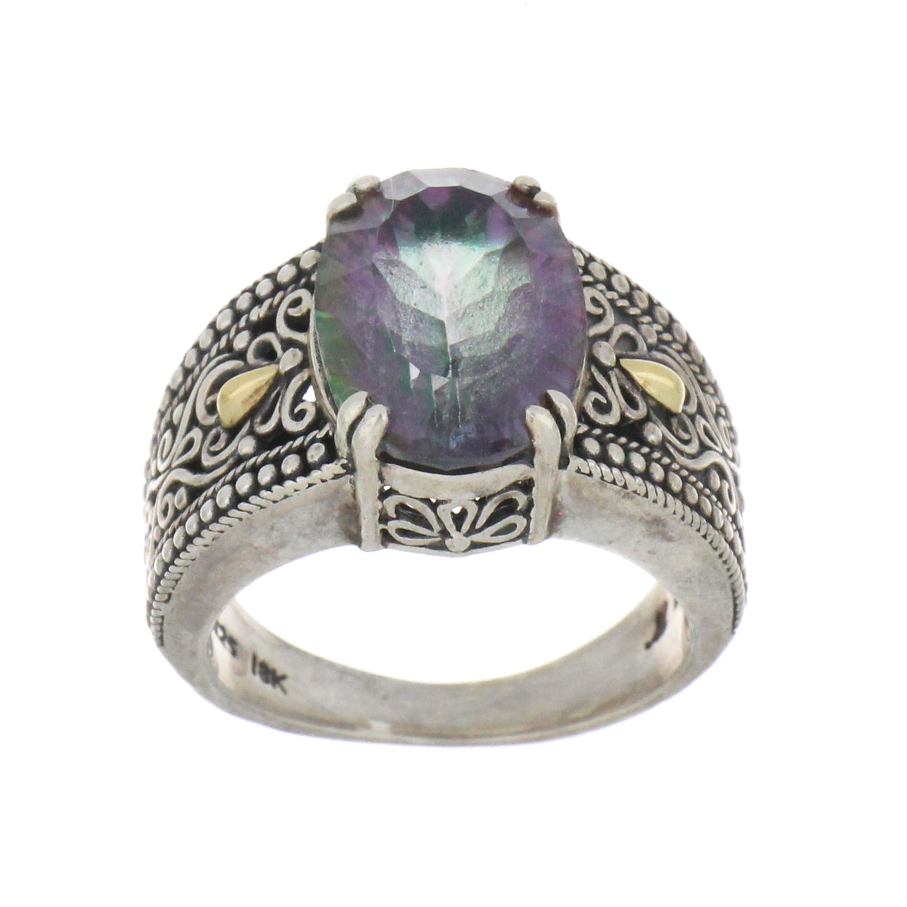 sterling silver filigree ring with oval mystic topaz, 7.76g