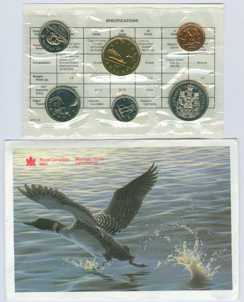 1991 Canadian uncirculated coin set showing six base metal coins in original protective packaging, proof-like finish