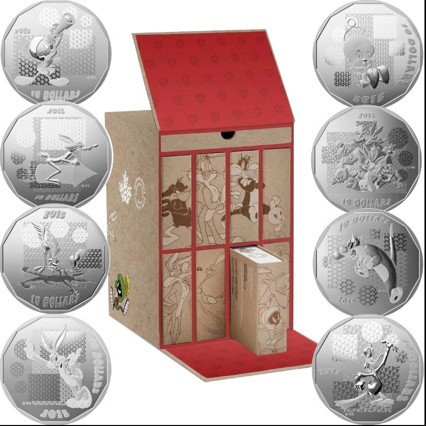 2015 Canada Silver Looney Tunes 8-coin set displayed in collector's box showcasing Bugs Bunny and other iconic characters