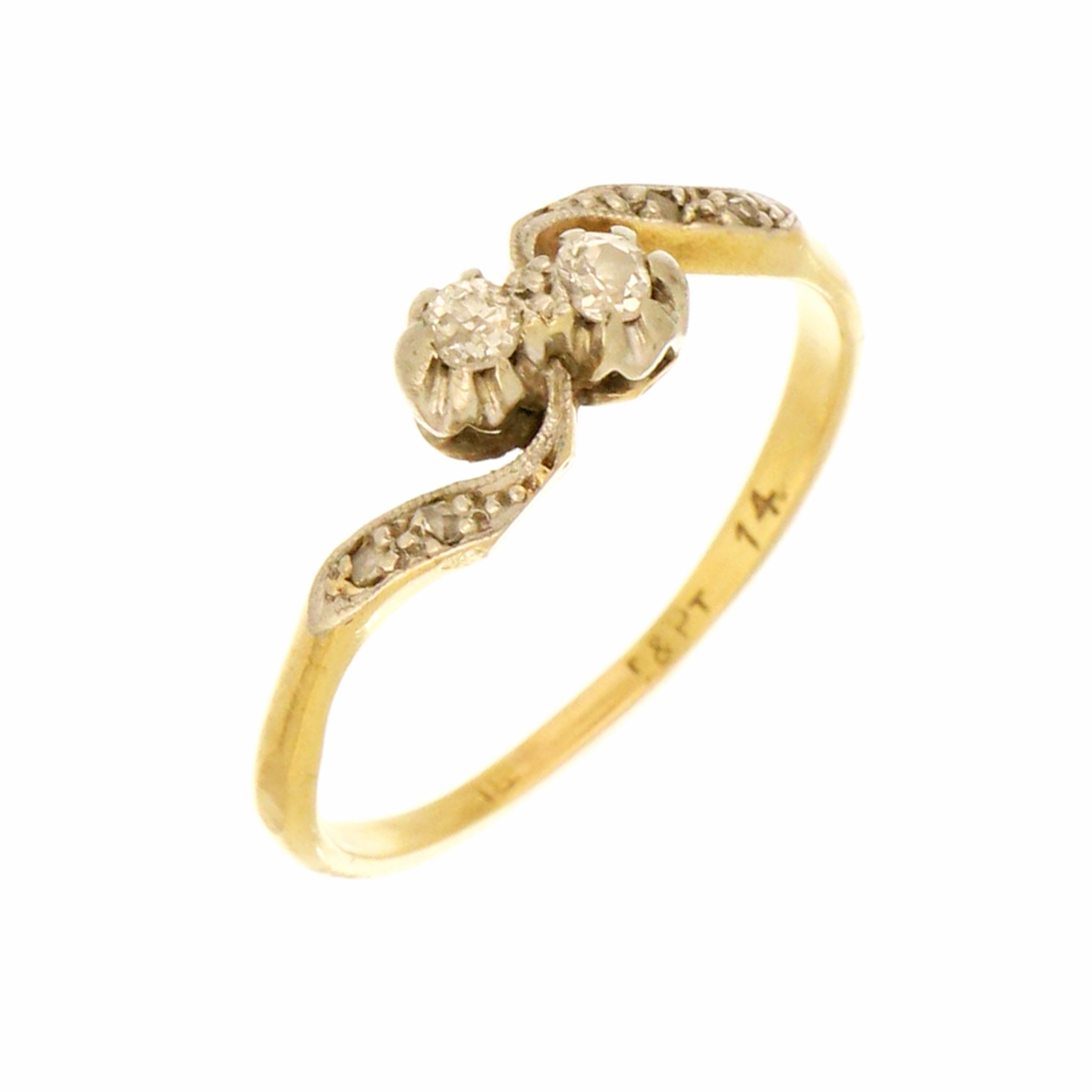 vintage bypass diamond ring in yellow gold with dual stone setting