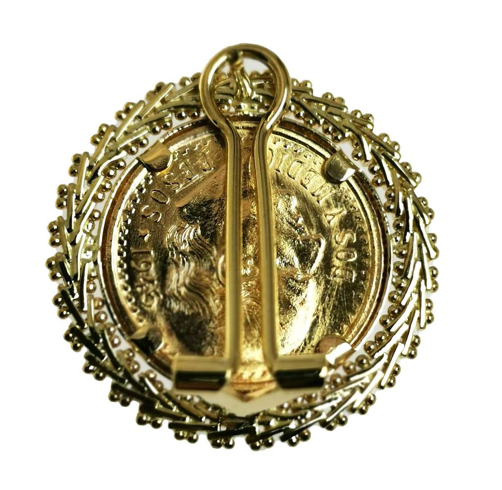 Close-up of wheat-style gold coin earring frame