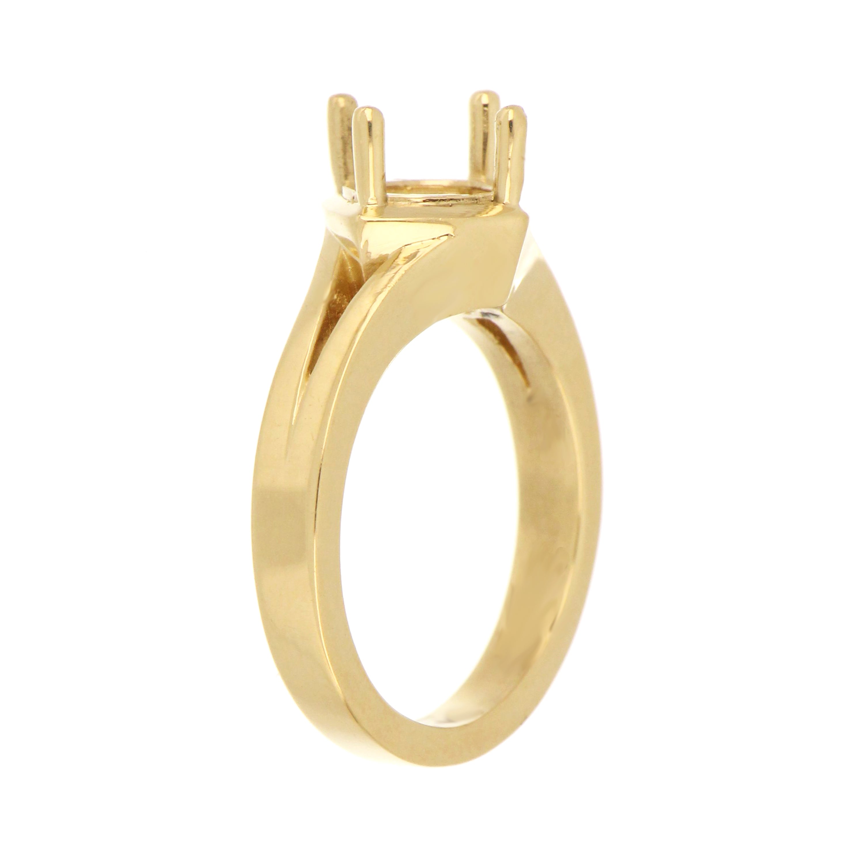 Classic 14kt gold engagement ring setting with open prong mount and smooth band.