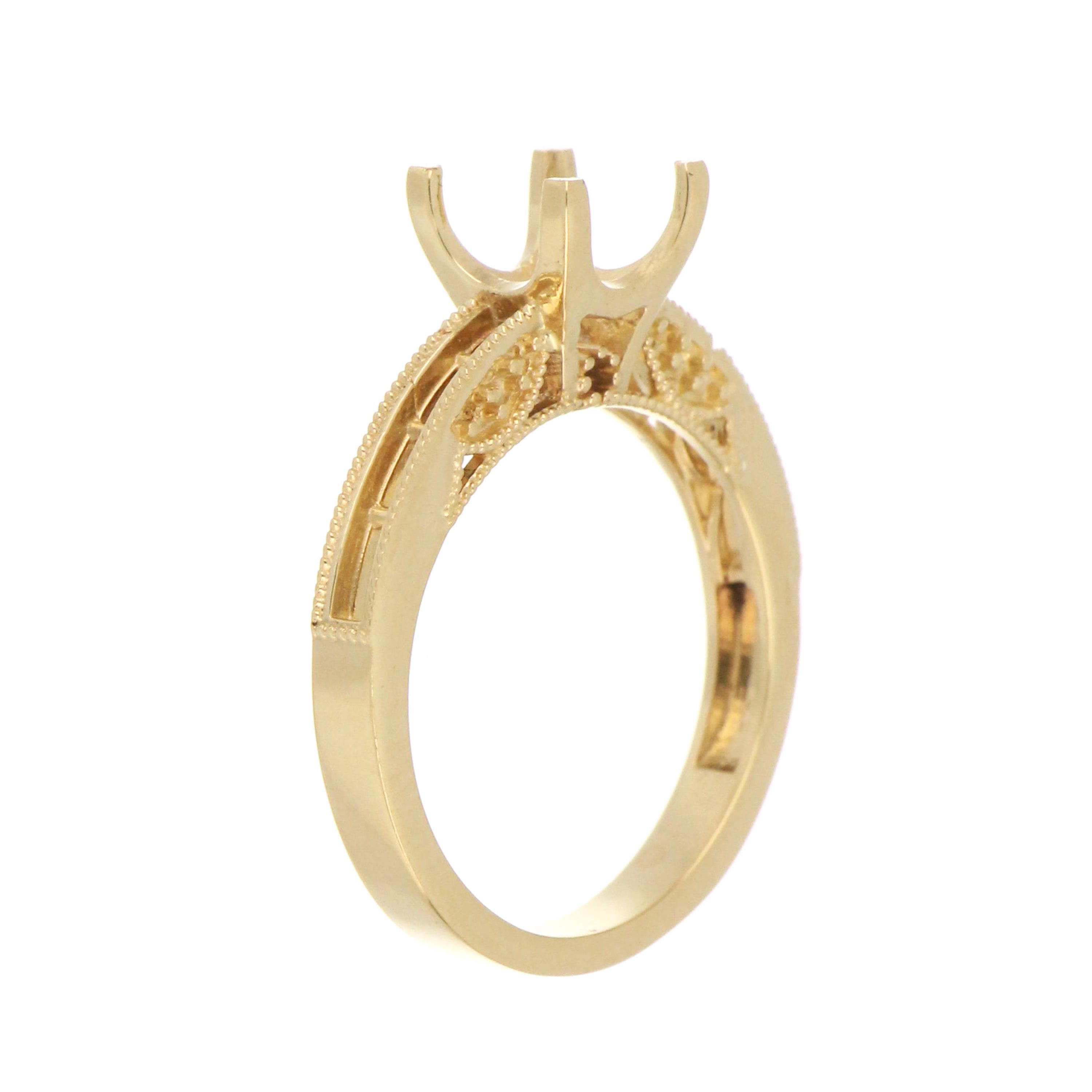 Elegant 14kt gold mounting for custom engagement ring with princess cut center.