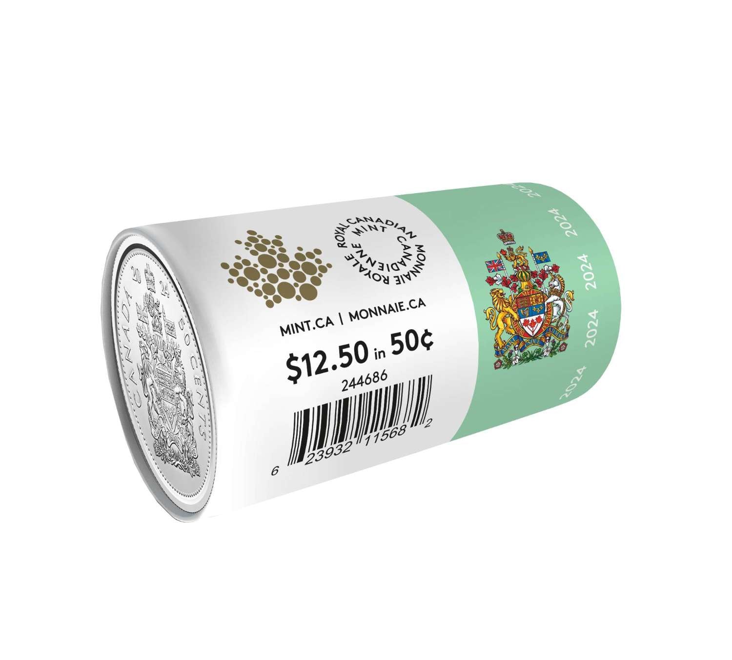 Canada 2024 50-cent base metal coin Special Wrap Roll packaging showing illustrated paper wrap