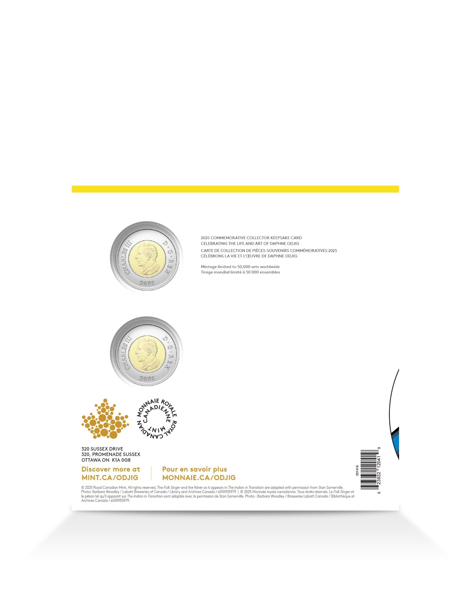 Canadian coin keepsake card honouring Daphne Odjig, includes both colourized and standard $2 coins.