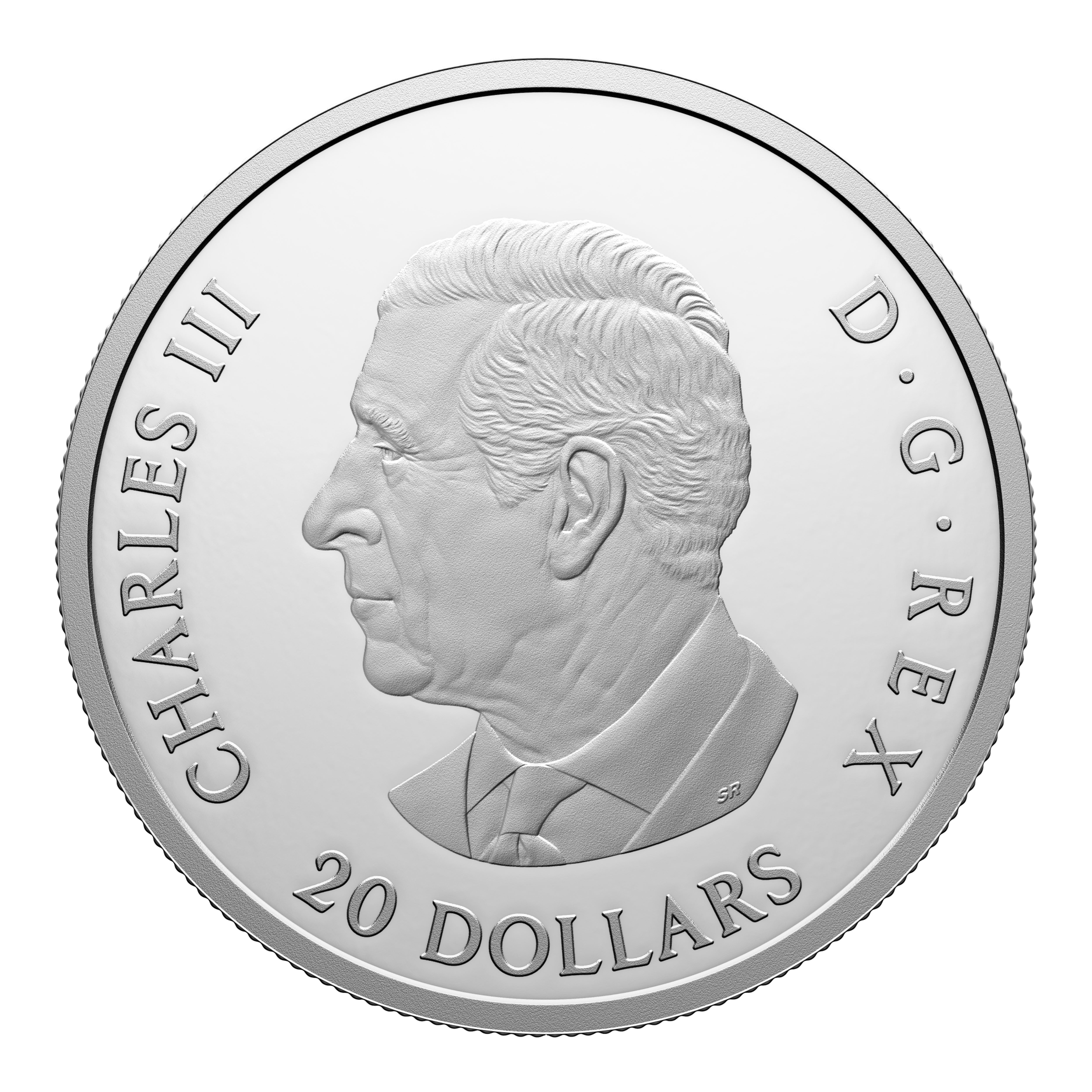 Obverse side of 2025 Canadian $20 silver coin highlighting proof finish and mint details, weight approx. 31.39g