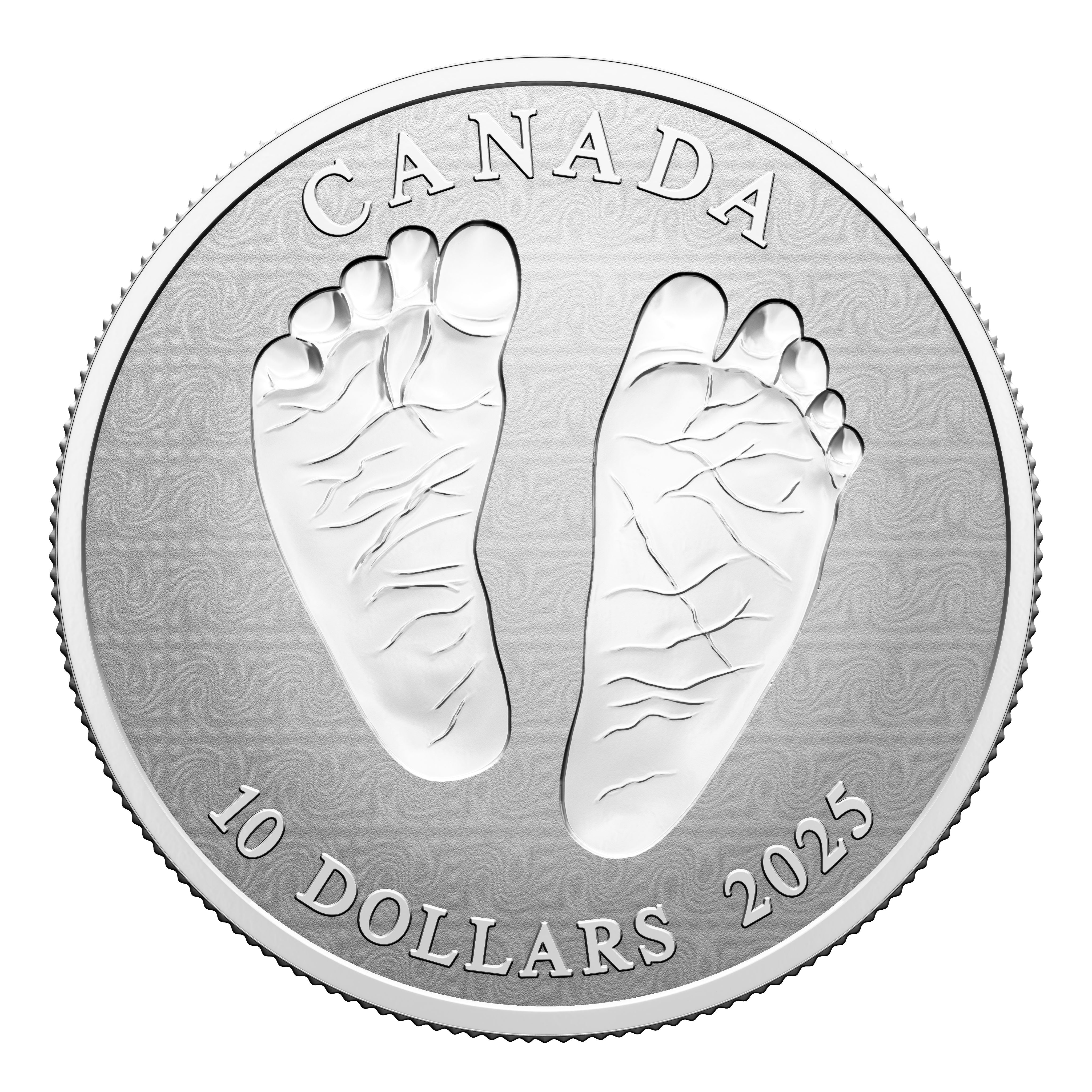 2025 Canadian $10 silver coin showing the baby feet incuse design close-up, proof finish visible