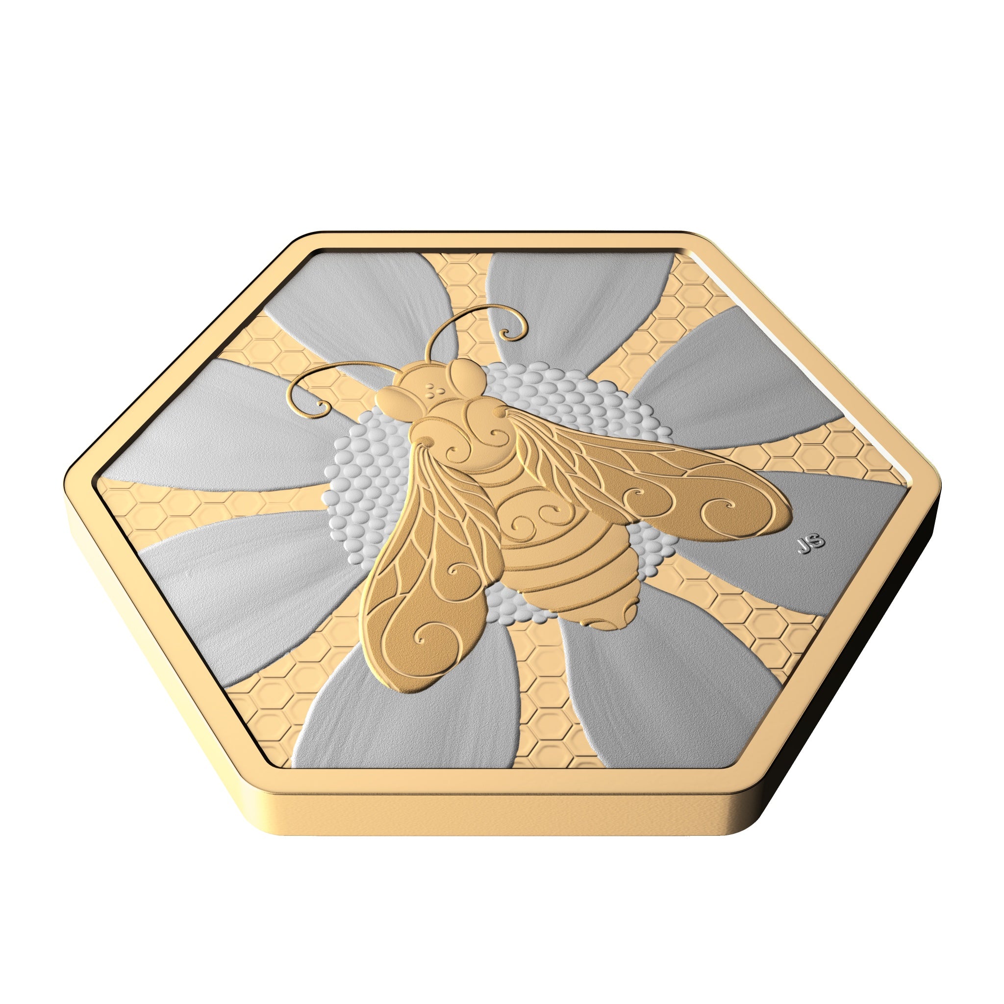 Reverse proof finish reflecting light on hexagonal Canadian silver coin featuring honey bee