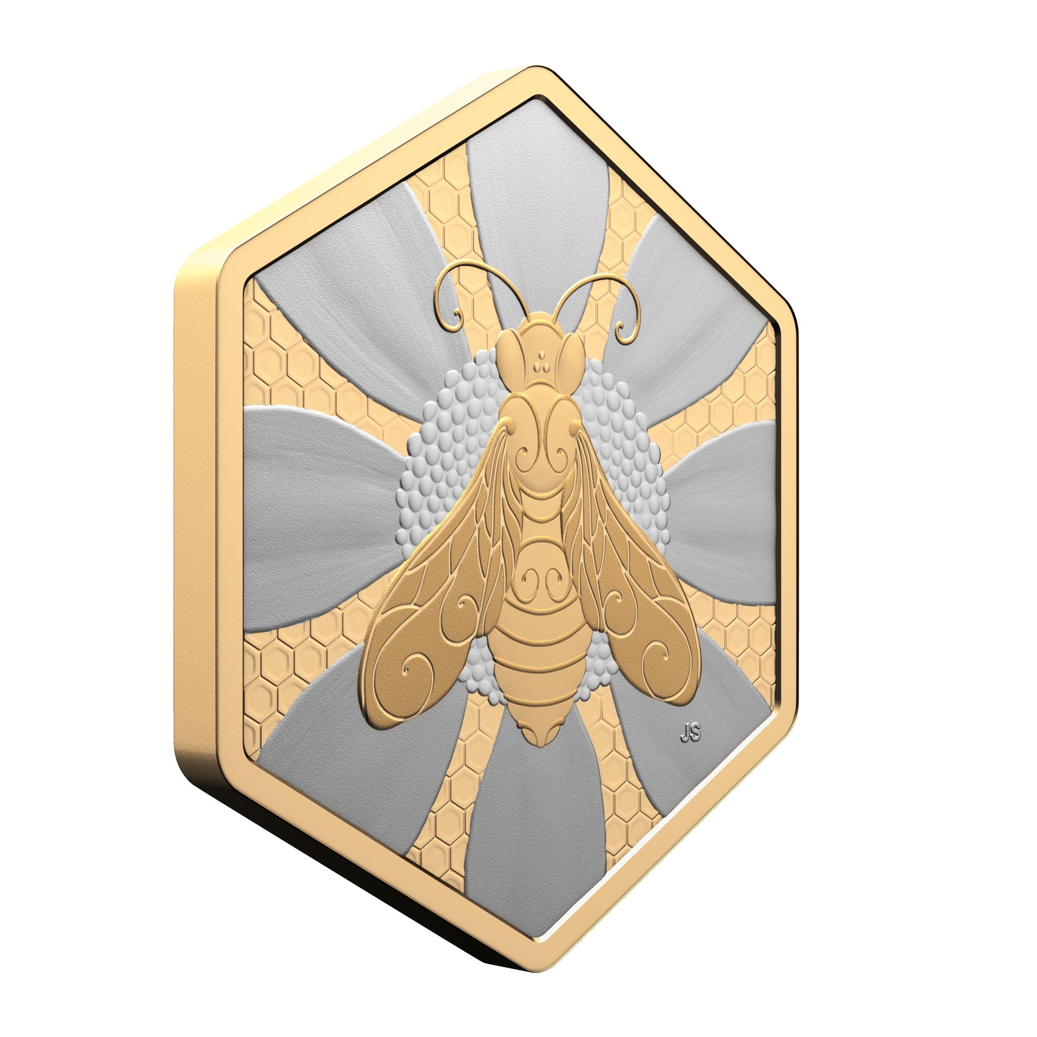 Full view of collectible 2025 $20 fine silver hexagonal coin with honey bee motif and gold plating
