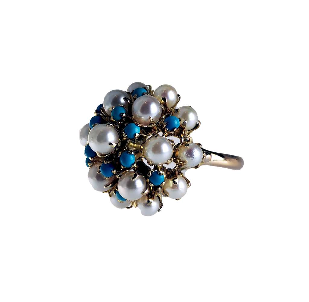 8kt yellow gold cluster ring featuring 17 cultured white pearls and 12 turquoise stones, top view showing arrangement and brilliance