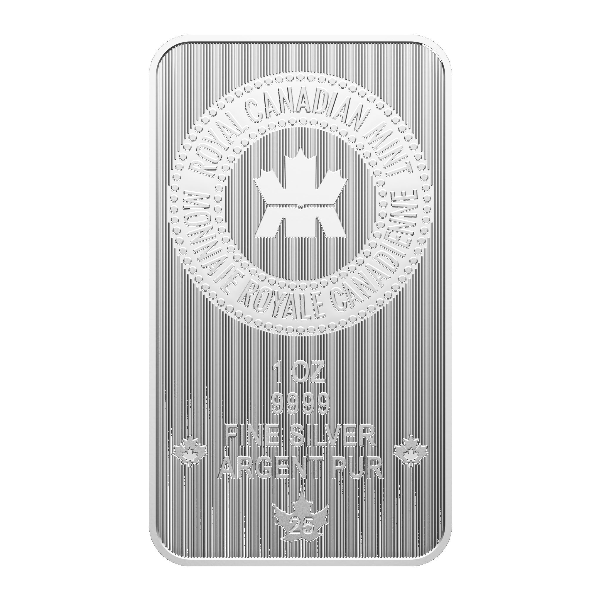 Reverse side of 1 oz silver bar featuring Canada emblem and weight details
