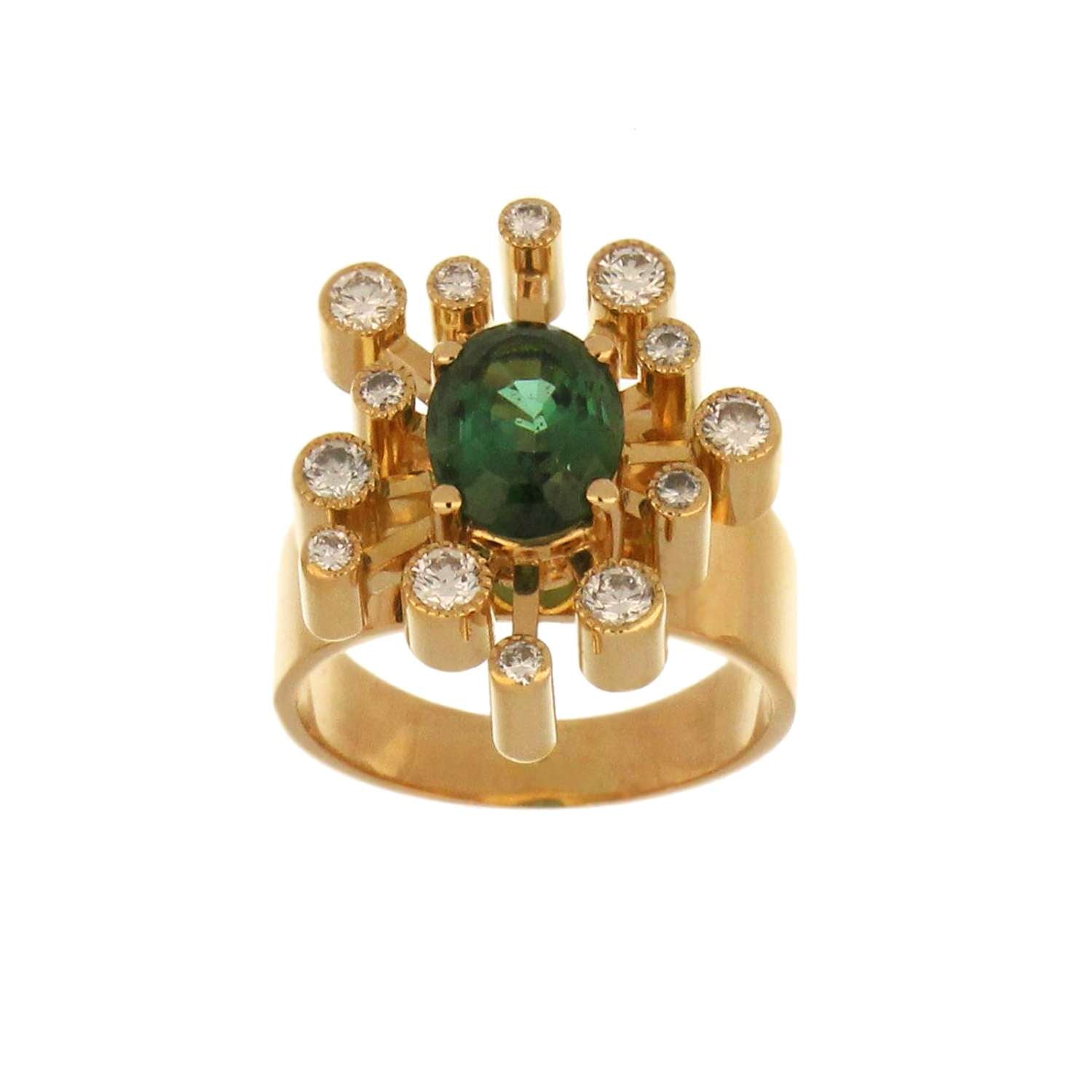18kt yellow gold ring featuring oval tourmaline center stone with surrounding round diamonds, top angle view