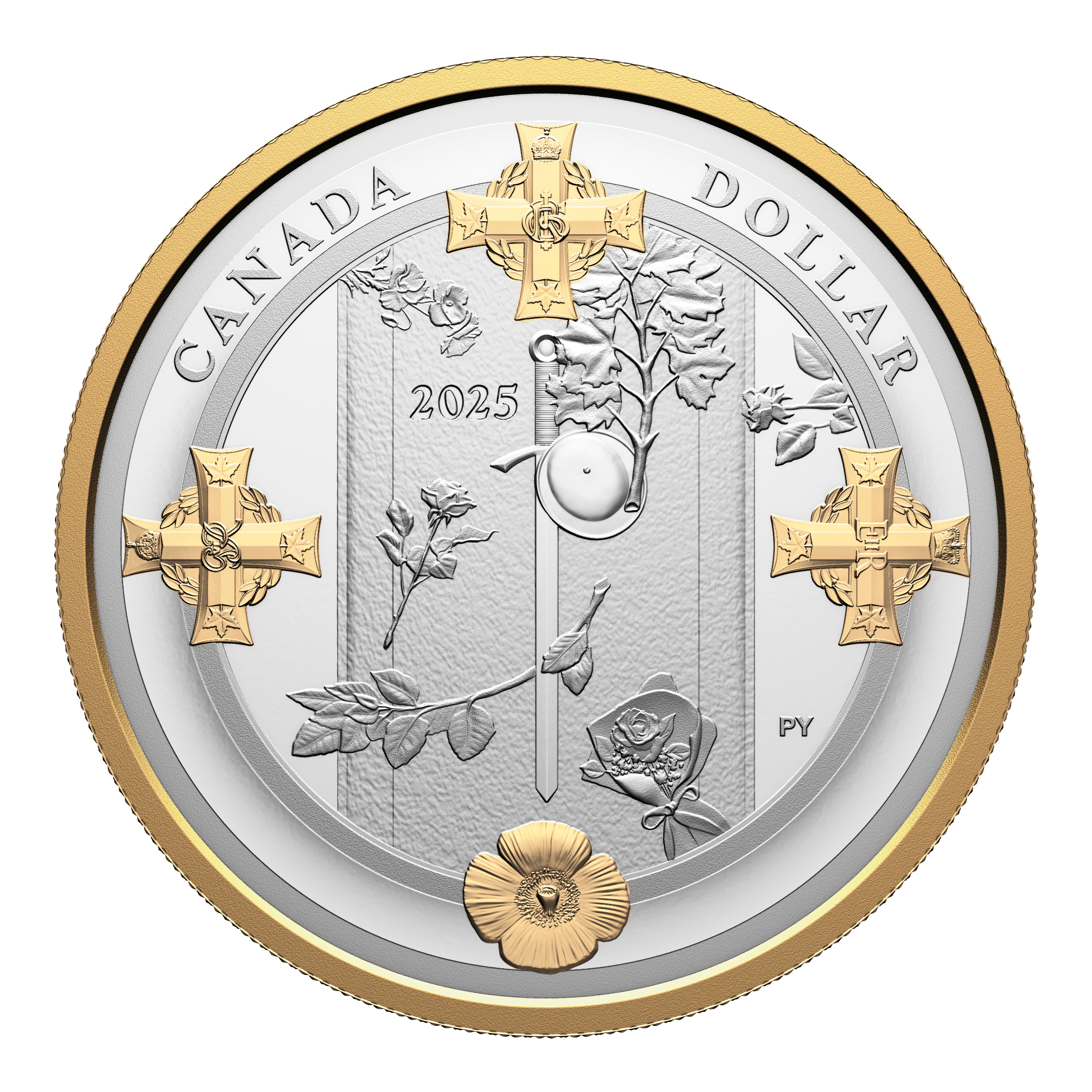 Close-up of 2025 Canadian gold-plated fine silver proof dollar featuring the Tomb of the Unknown Soldier, reverse side