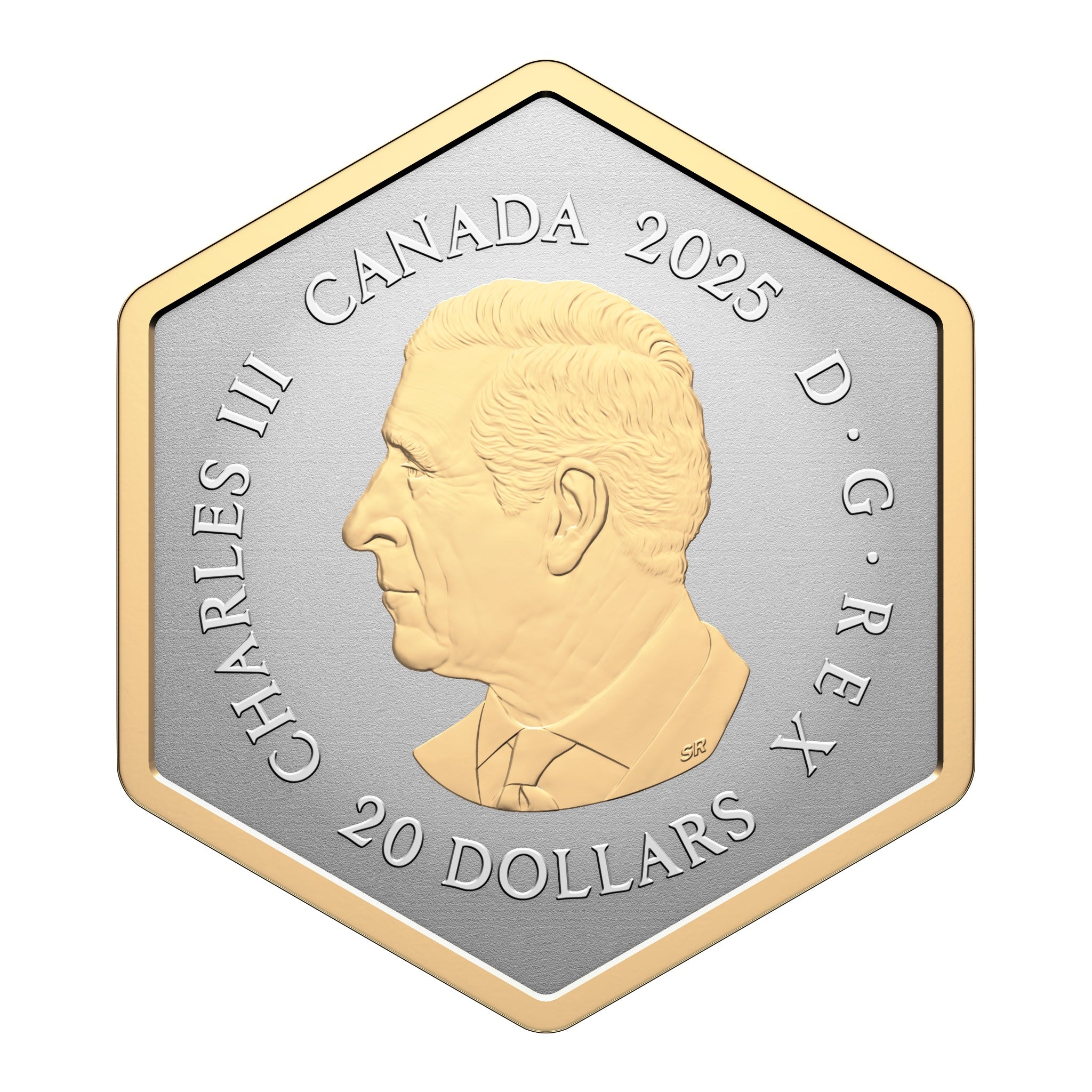 Close-up of yellow gold plated honey bee design on hexagonal silver coin with honeycomb motif