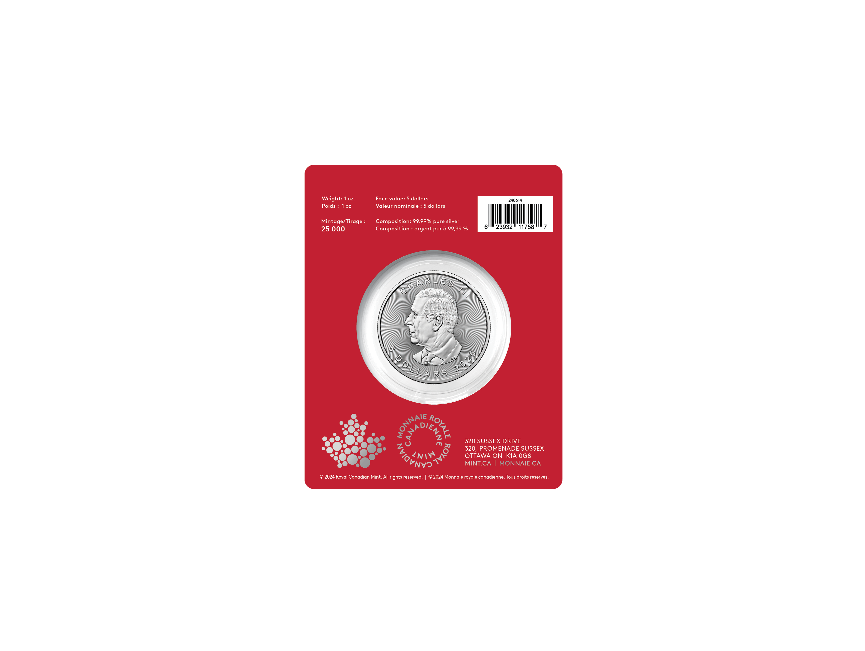 Reverse of 2025 Canadian Silver Maple Leaf coin with Year of the Snake privy mark, proof finish, 1 troy ounce pure silver