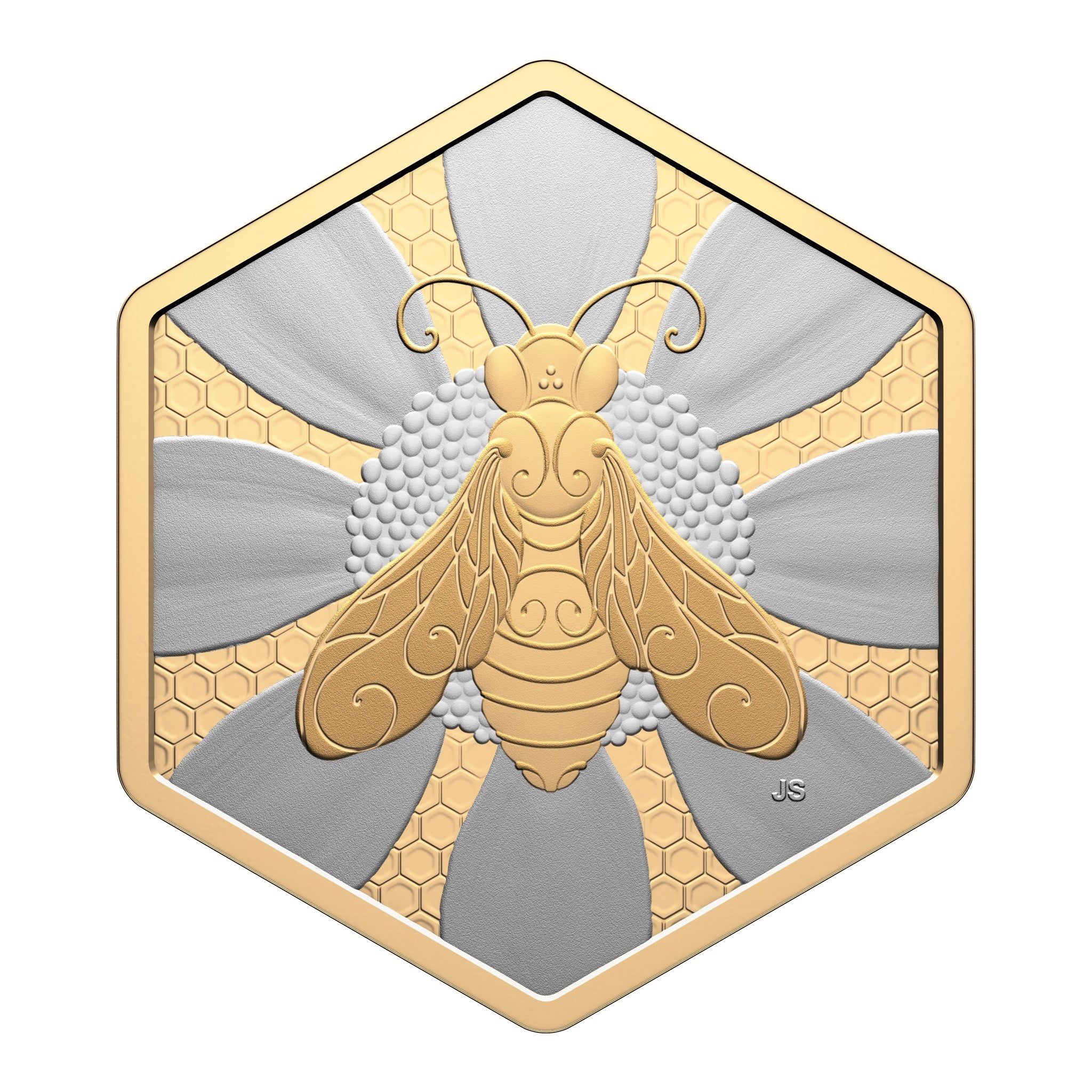 Hexagonal 2025 Canadian $20 fine silver coin with yellow gold-plated honey bee on honeycomb background, reverse proof finish