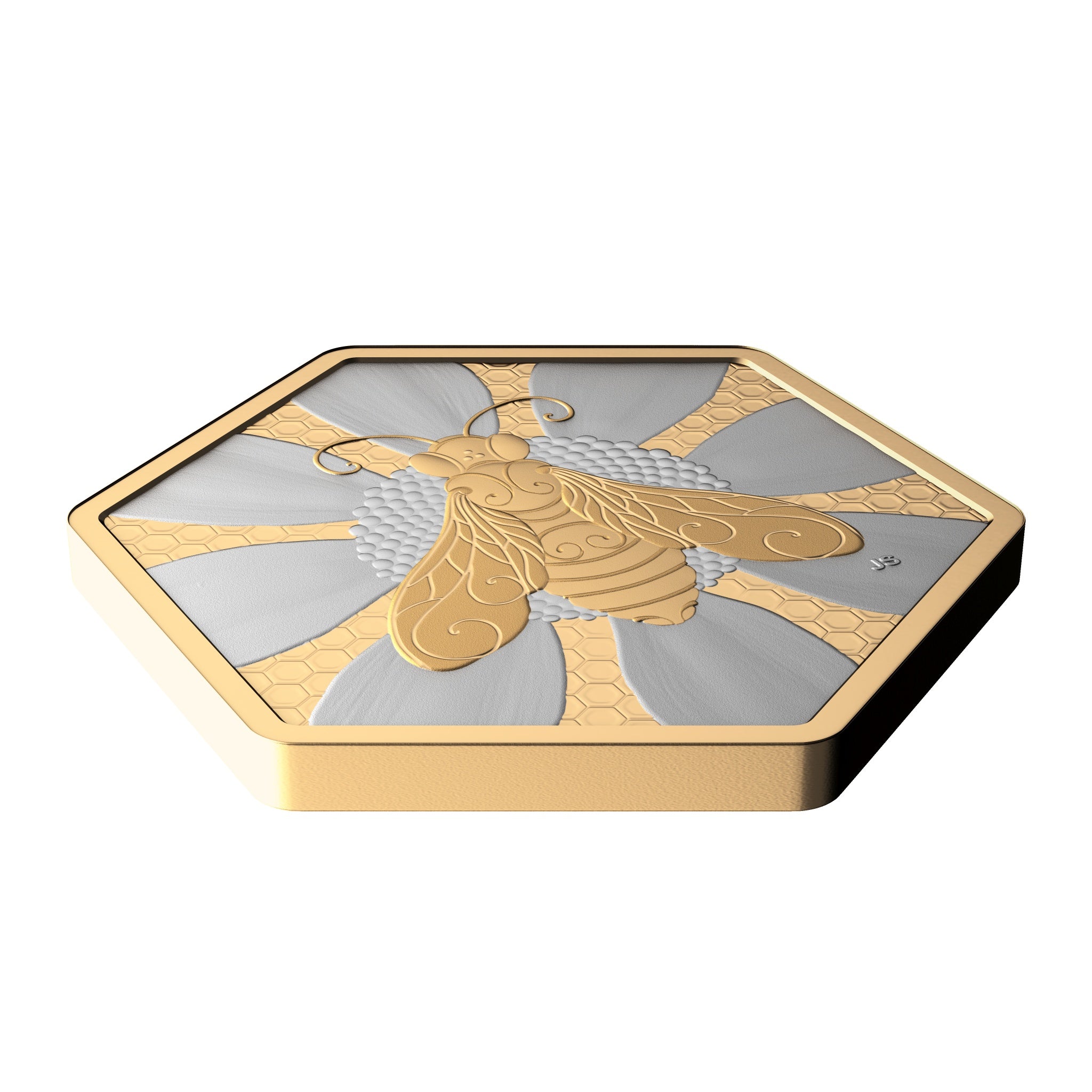 Side angle showing thickness and hexagonal shape of 2025 Canadian honey bee silver coin