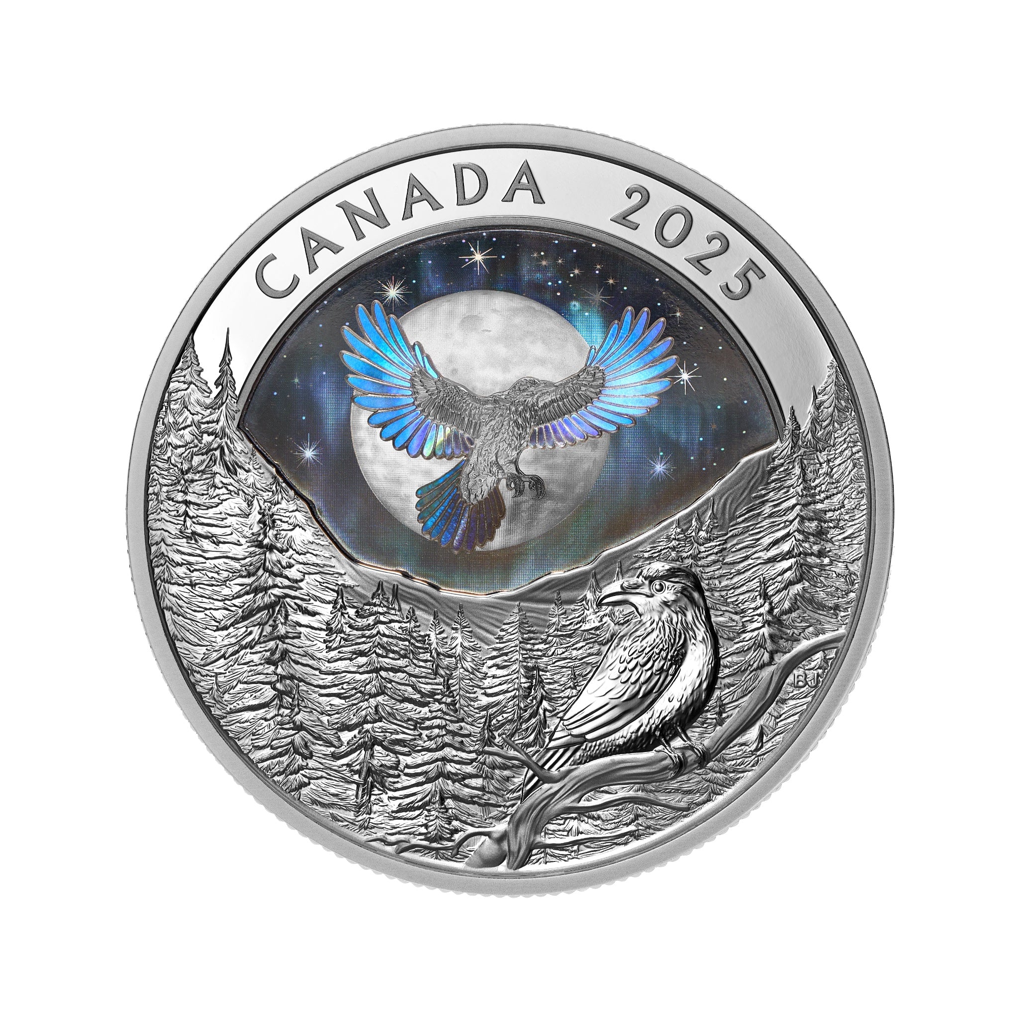 2025 Canadian $20 fine silver proof coin showing holographic raven in flight under multicoloured night sky with aurora borealis