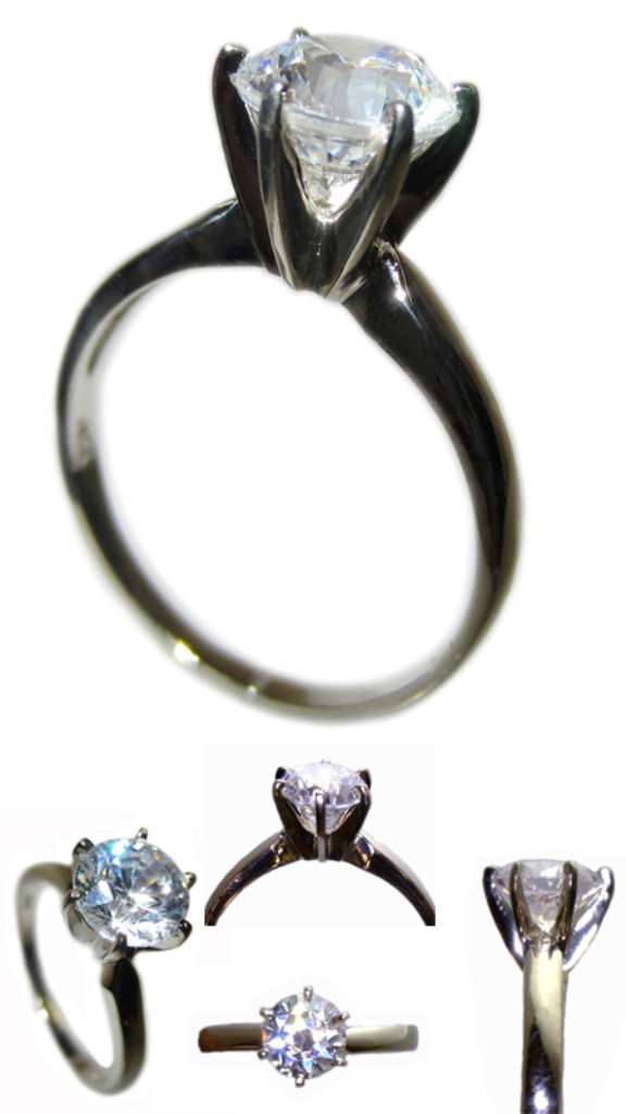 14kt white gold Tiffany style ring mounting with 6-claw setting, side angle view highlighting sleek design