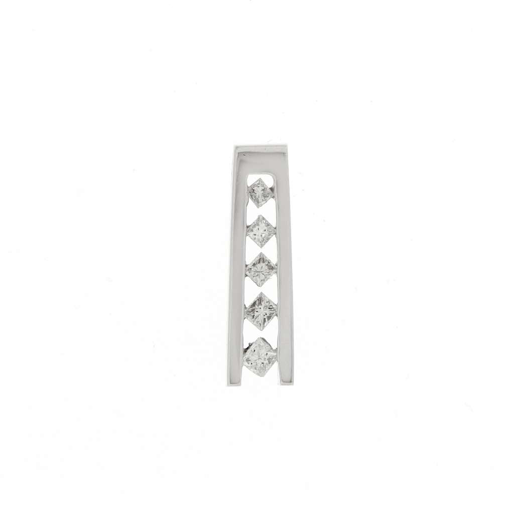 14K white gold pendant featuring five princess cut diamonds, front angle highlighting diamond brilliance