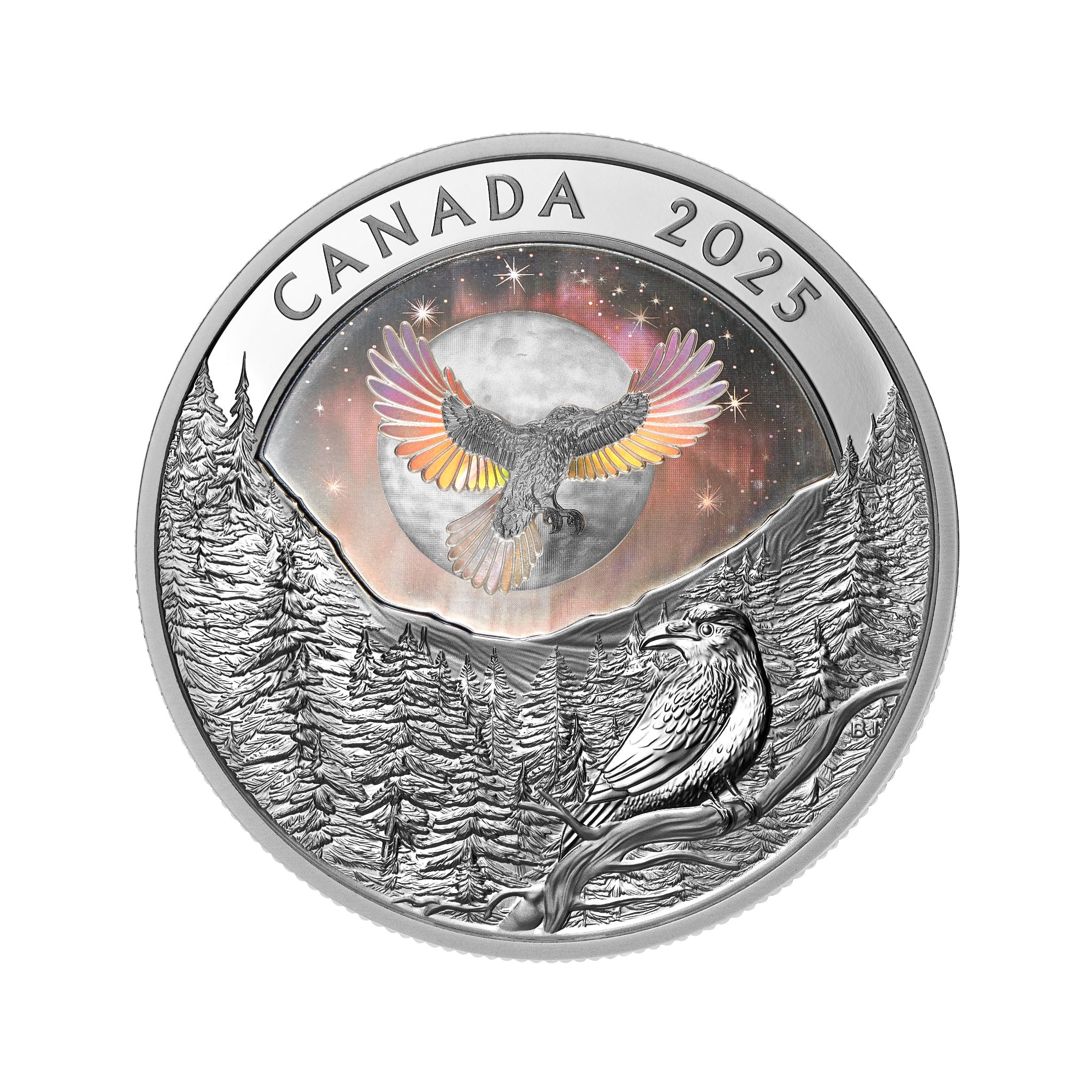 Close-up angle of 2025 $20 Canada silver coin featuring holographic raven and shifting aurora borealis colors