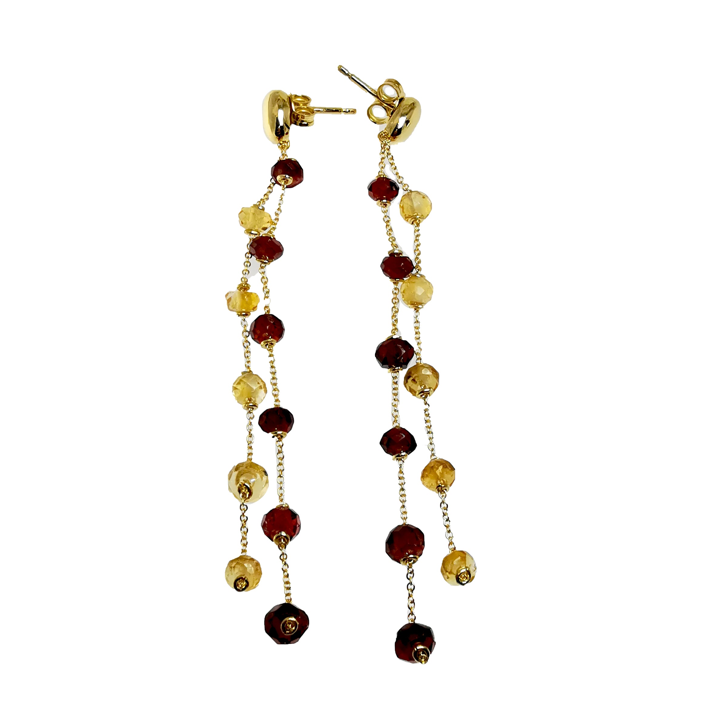 Close-up of 18kt yellow gold dangling earring featuring 12 red garnet chess cut beads and 10 yellow citrine beads, elegant and vibrant design
