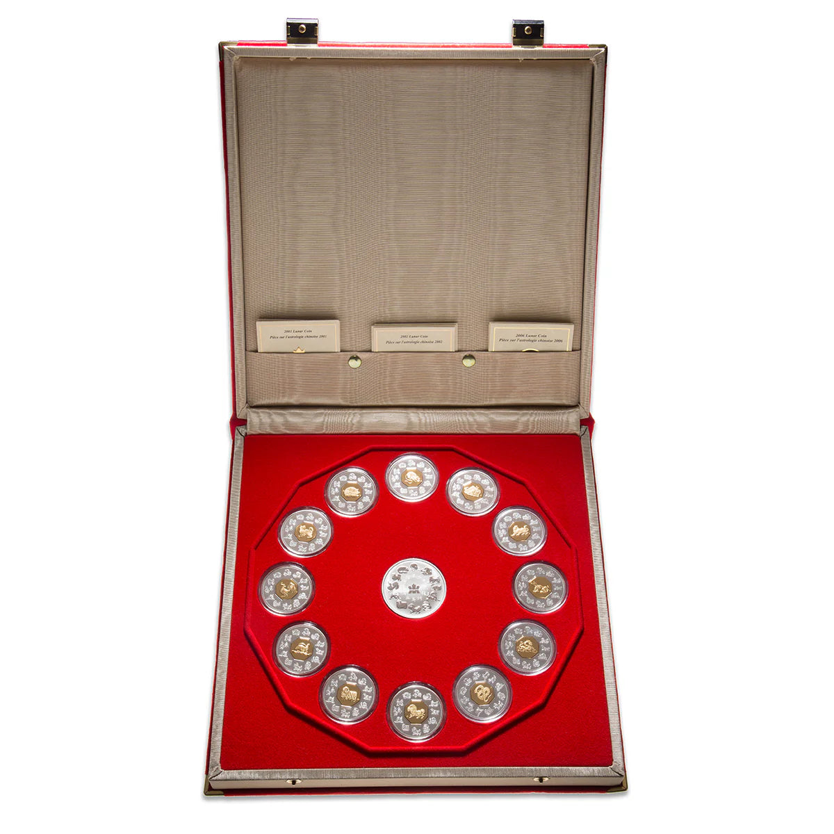 Canada Silver $15 Lunar Sterling Silver 12 Coin Set with gold-plated zodiac motifs displayed in red velvet case, total 470 grams