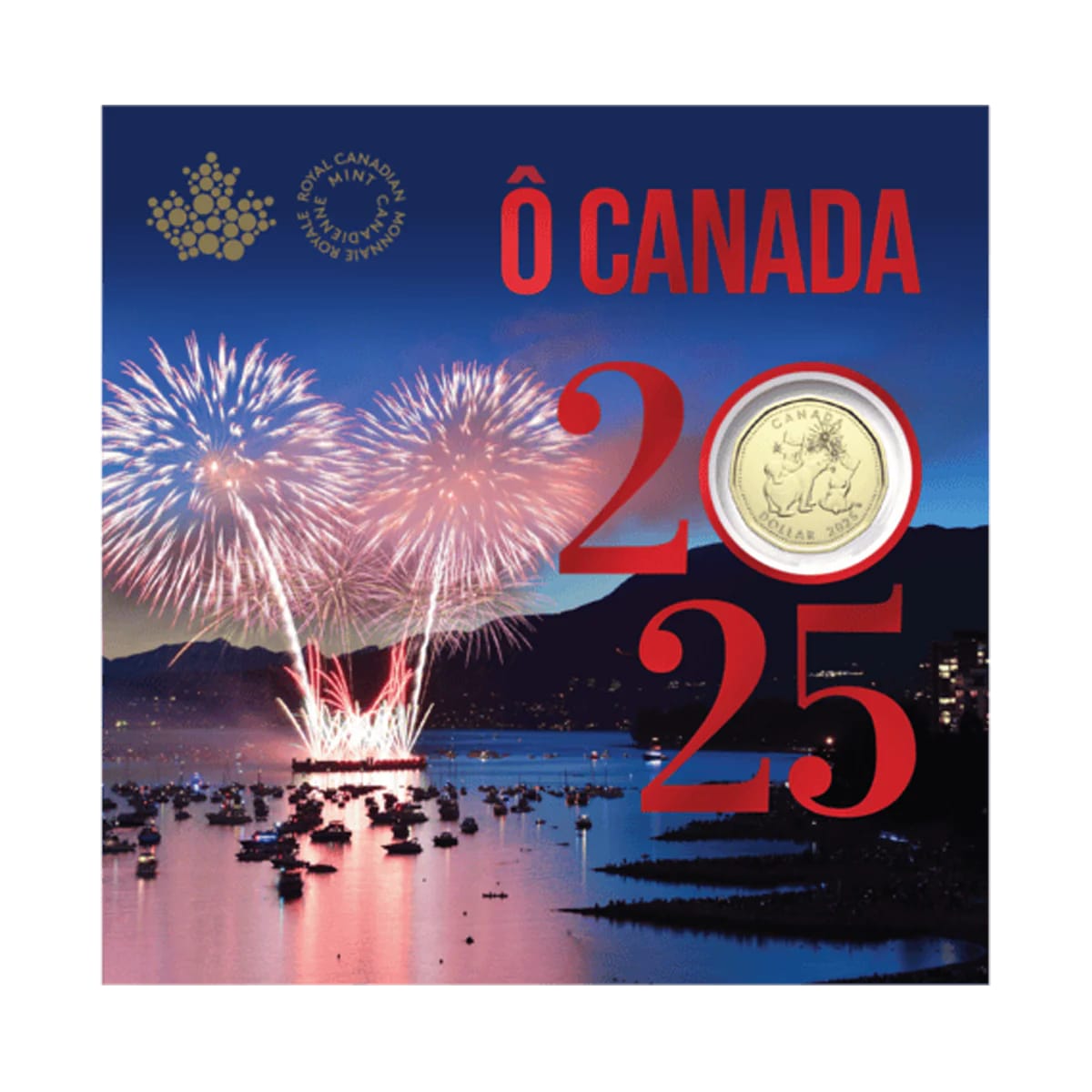 2025 O Canada Gift Set showing detailed polar bear themed dollar coin and five uncirculated Canadian coins, displayed flat with elegant packaging