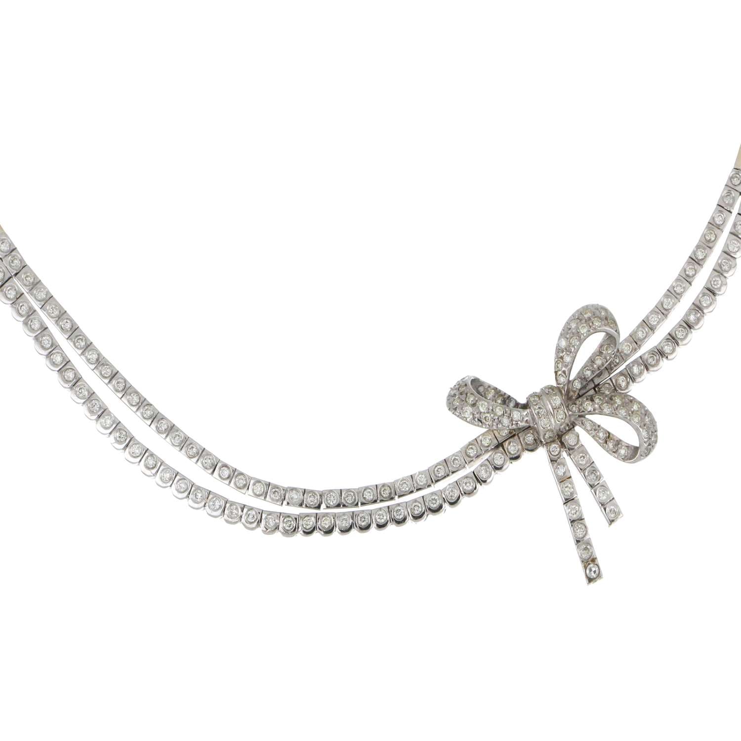 Front view of elegant 18kt white gold necklace featuring 173 round brilliant cut diamonds and delicate pearls
