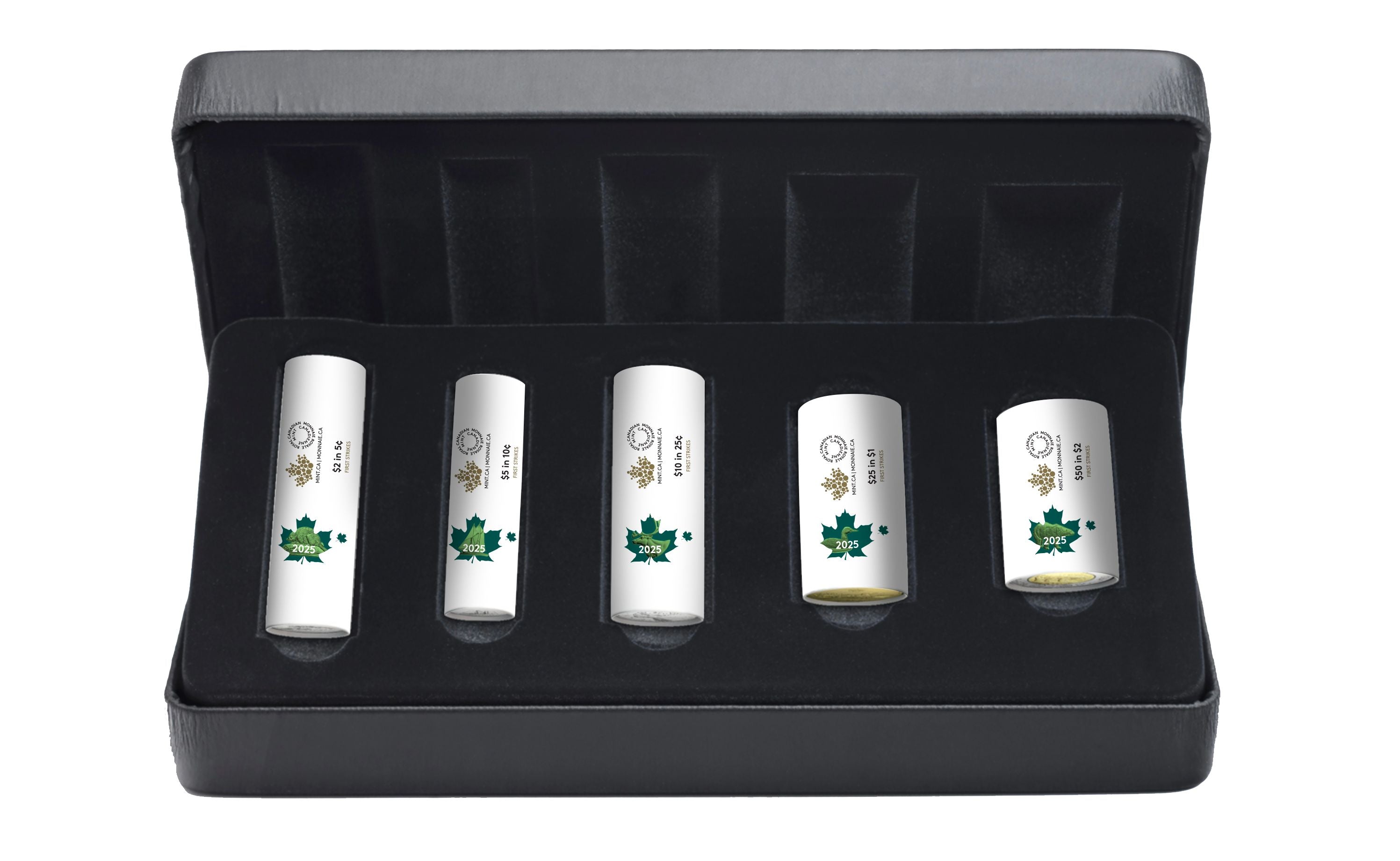 2025 Canadian First Strikes Special Wrap Roll Collection featuring five rolls of uncirculated base metal coins wrapped in premium paper with holographic seal, showcasing reverse designs