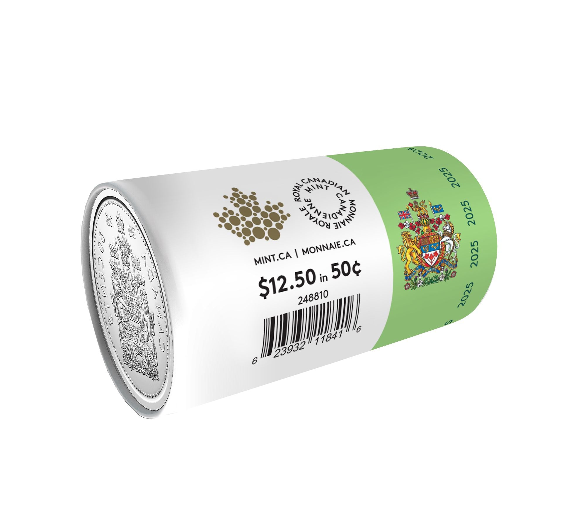 Canada 2025 50-cent base metal coin in BU finish showing the reverse heraldic design with special wrap roll packaging