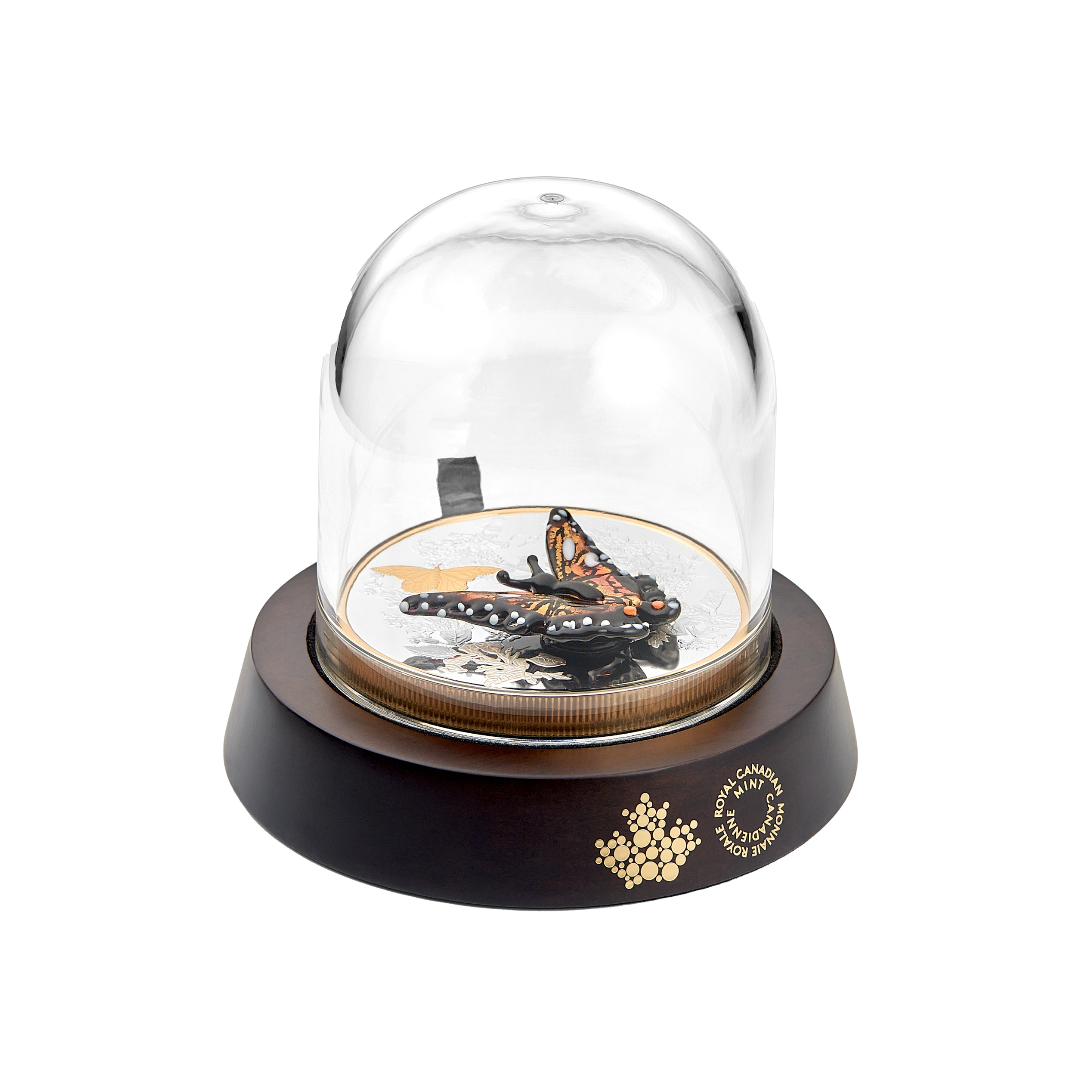 Art card with color reproduction of watercolor painting inspiring reverse of 2025 Murano Monarch Butterfly silver coin