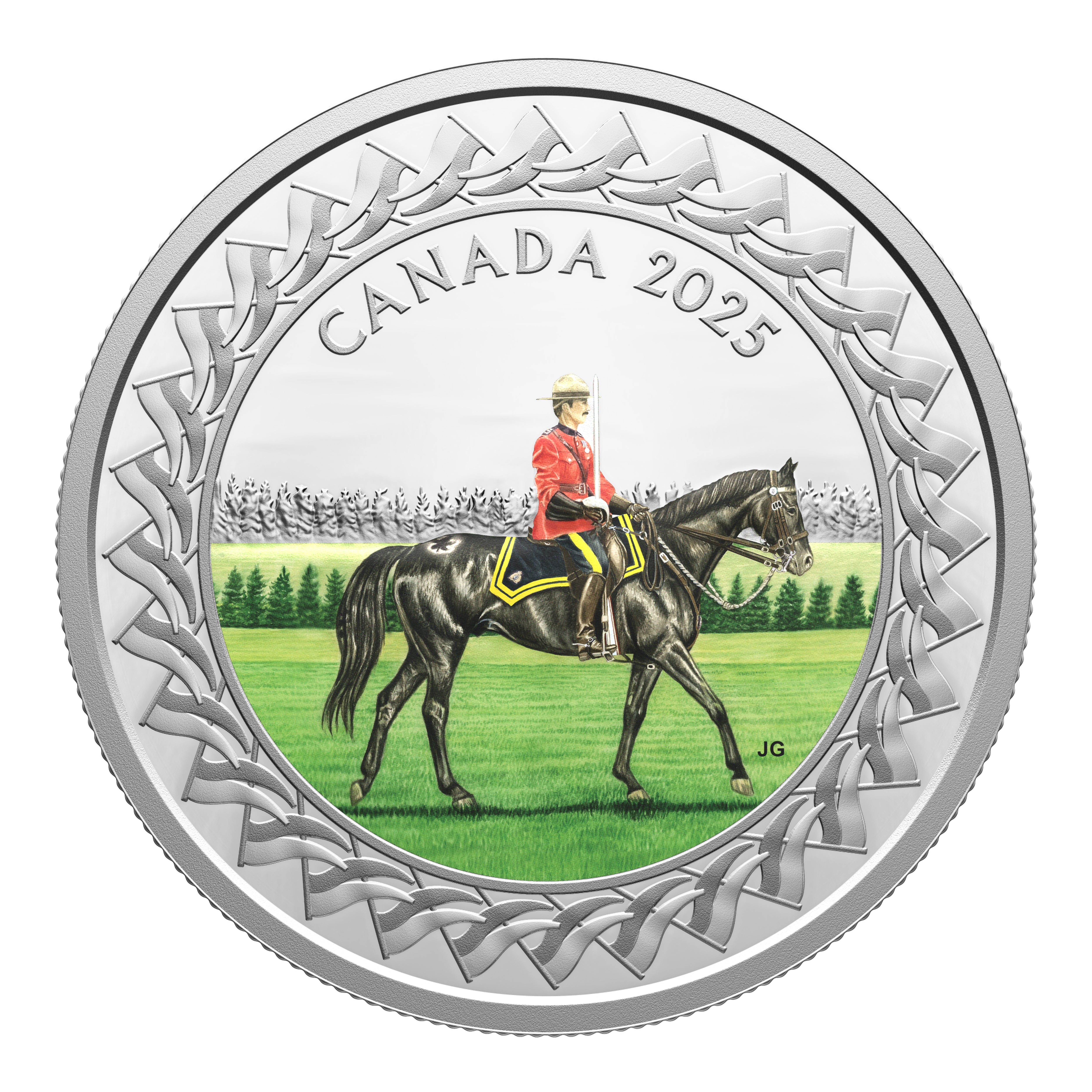 2025 Canadian $20 fine silver coin showcasing RCMP Musical Ride Mountie in red uniform on black horse with selective color highlights, obverse detailed view